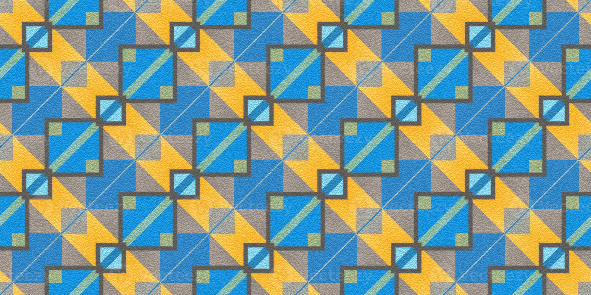 Yellow Blue Seamless Modern Maya Pattern Background. Geometric Ethnic Ornament Texture. Aztec Decorative Backdrop. photo