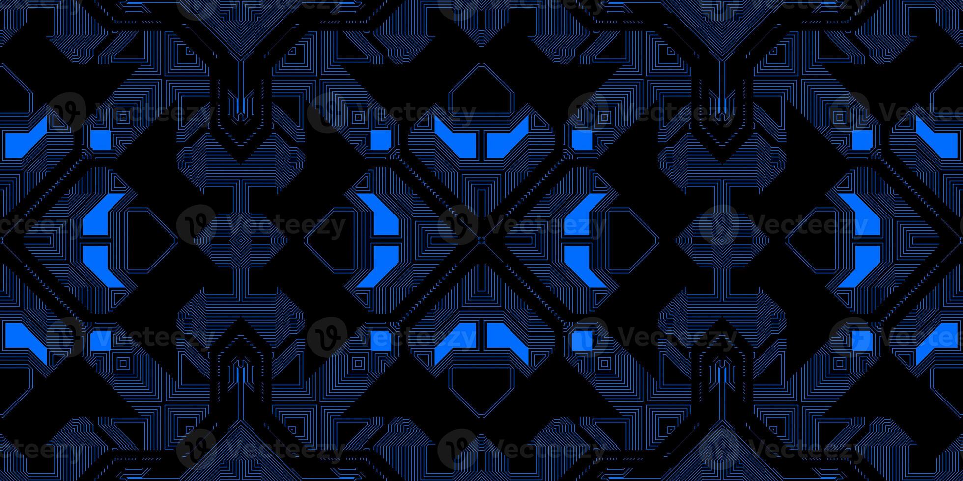 Dark Blue Neon Seamless Techno Lines Pattern. Futuristic Geometry Background. Laser Technical Design Texture. photo