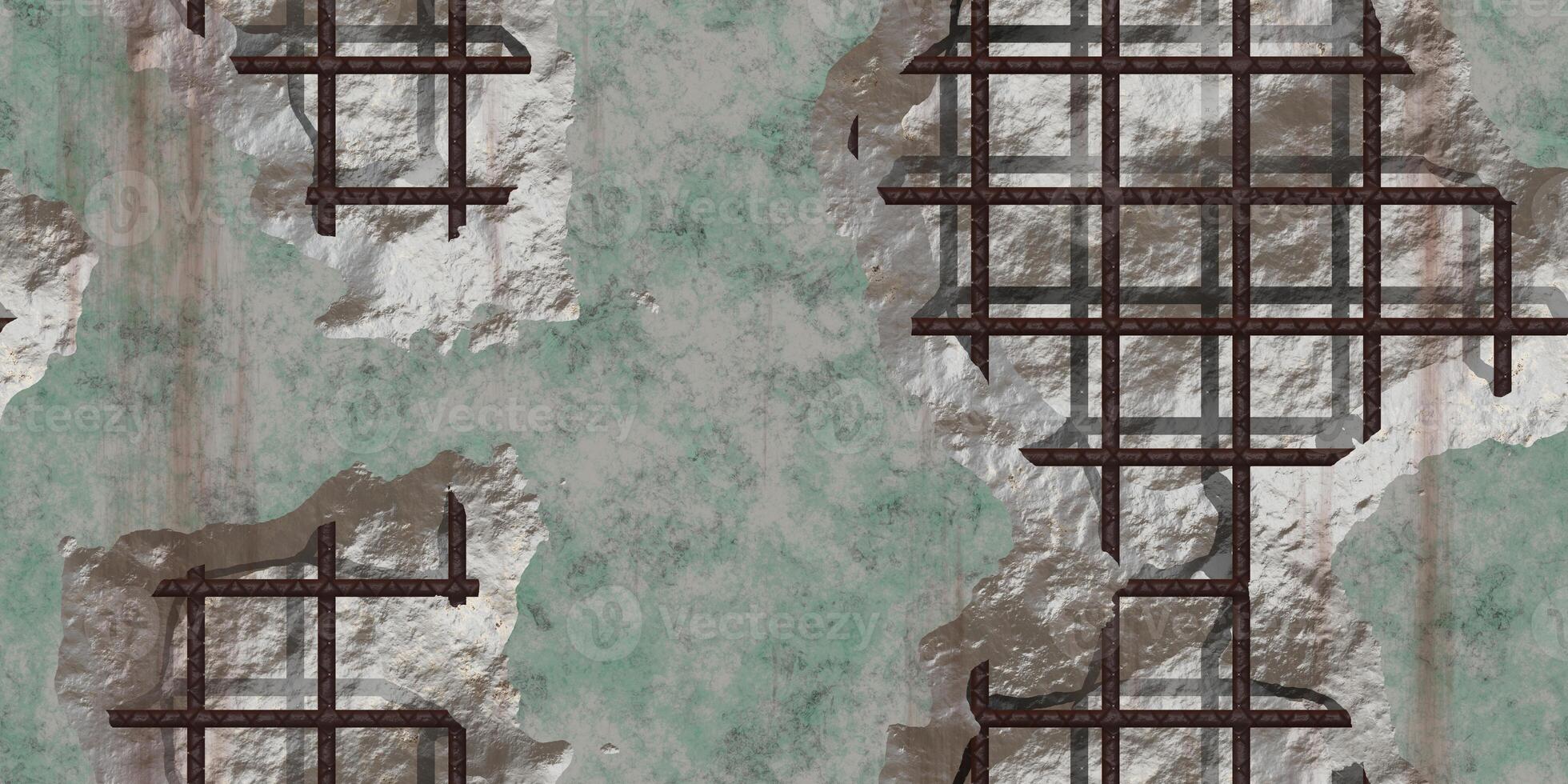 Seamless damaged concrete with rusty rebar textures. Broken stone wall with rust fittings and green moss background. photo