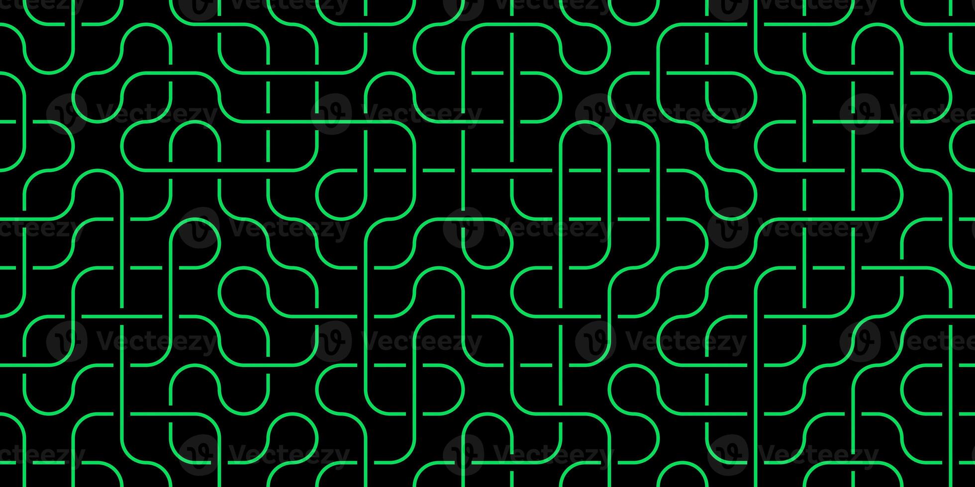 Green Seamless Swirl Lines on Black Background. Modern Stripe Pathway Texture. Labyrinth Line Backdrop. photo