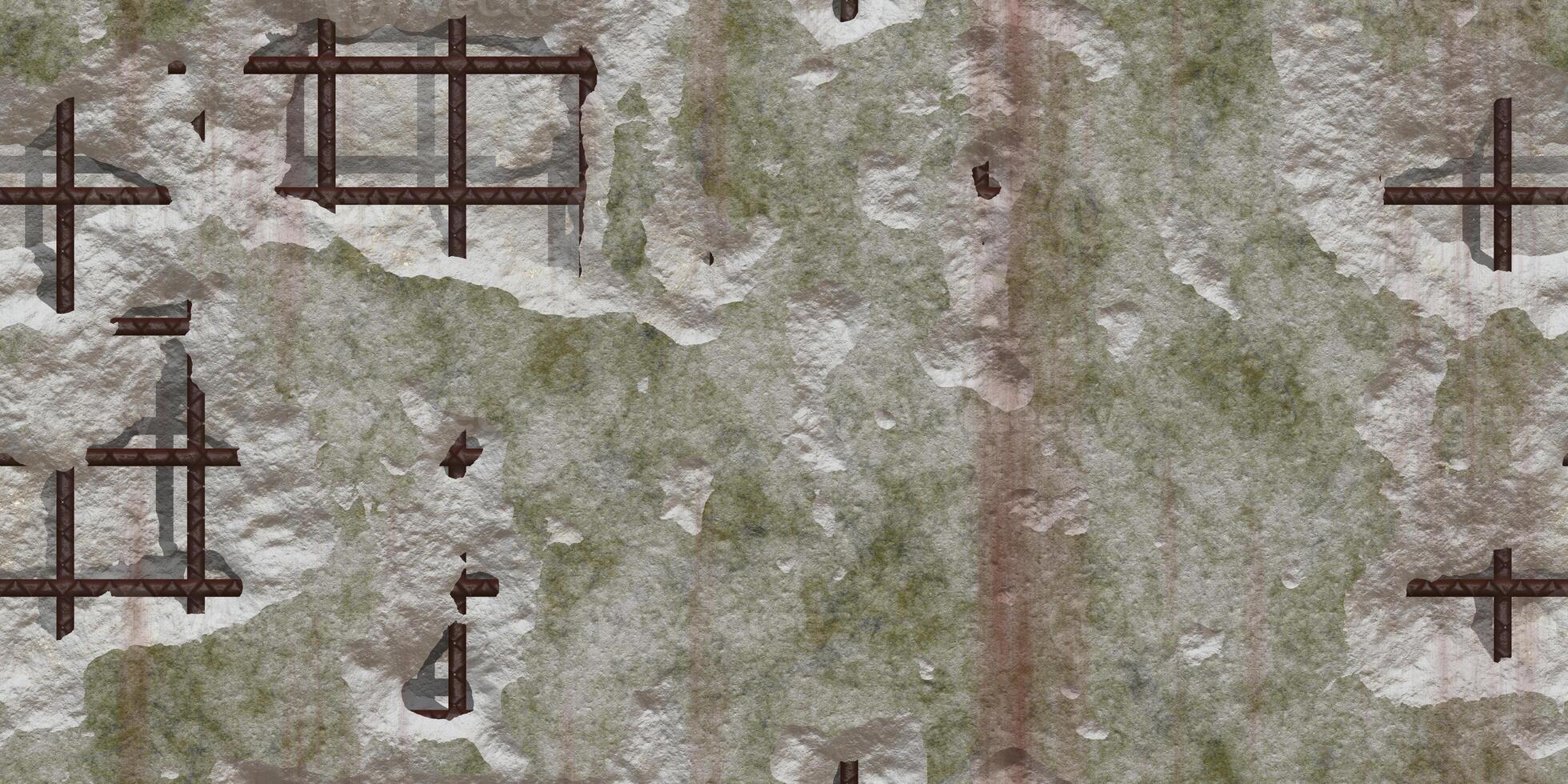 Seamless damaged concrete with rusty rebar textures. Broken stone wall with rust fittings and green moss background. photo