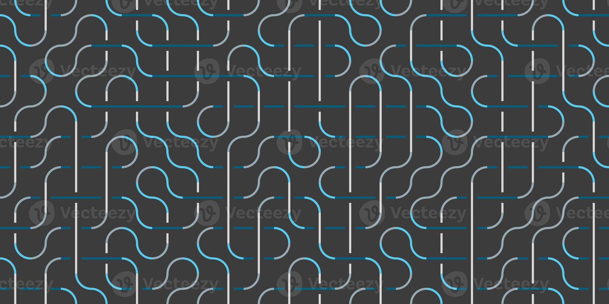 Blue Seamless Swirl Lines on Grey Background. Elegant Modern Stripe Pathway Texture. Labyrinth Line Backdrop. photo
