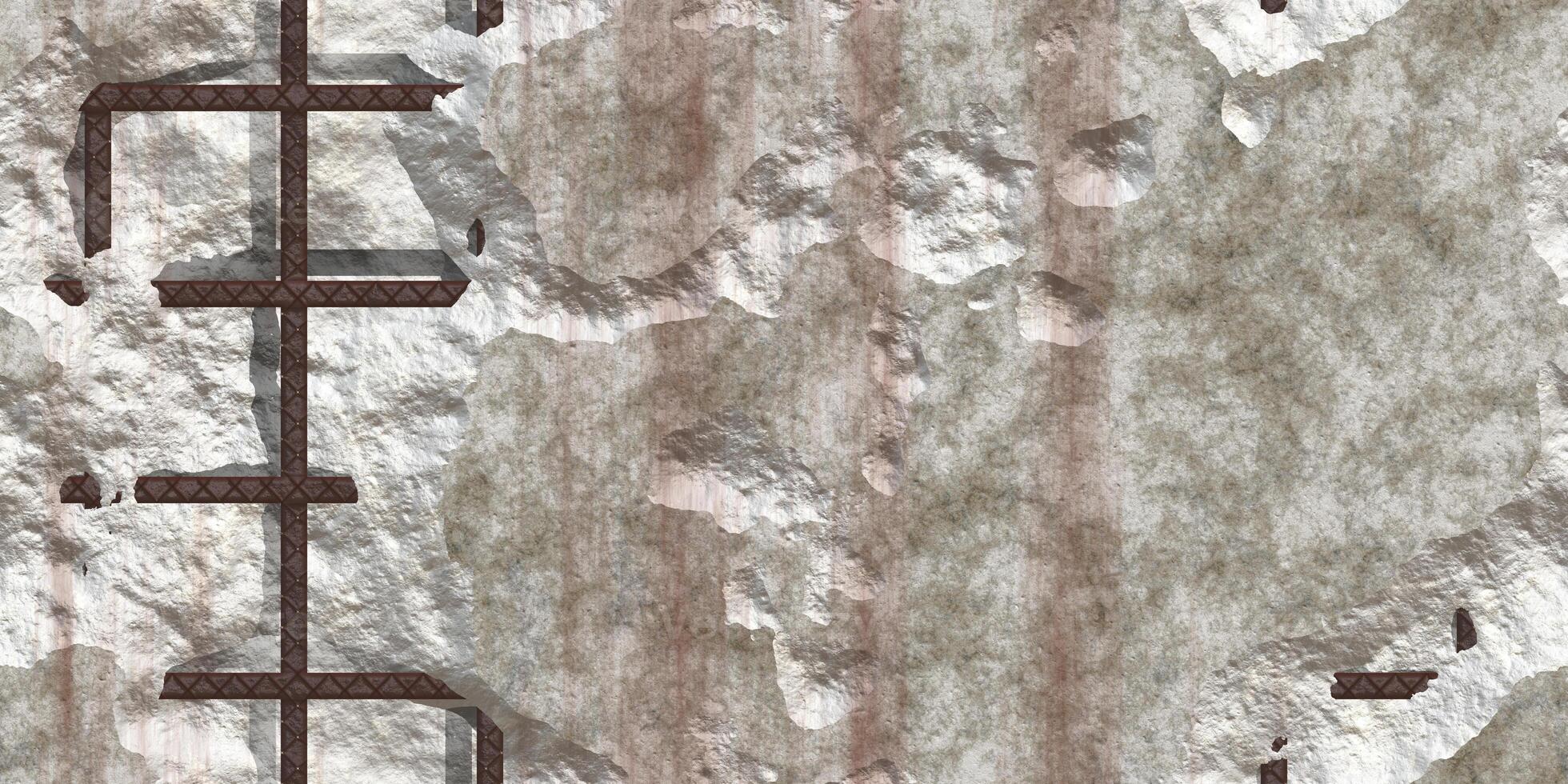 Seamless damaged concrete with rusty rebar textures. Broken stone wall with rust fittings background. photo