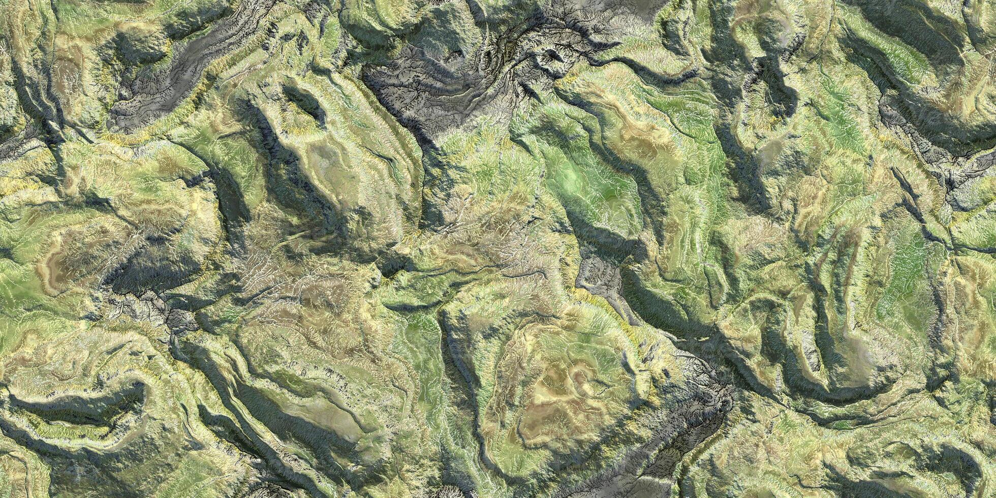 Green grass 3D geography mountain district map atop background. Hills field landform from above view backdrop. Landscape topography top view texture. photo