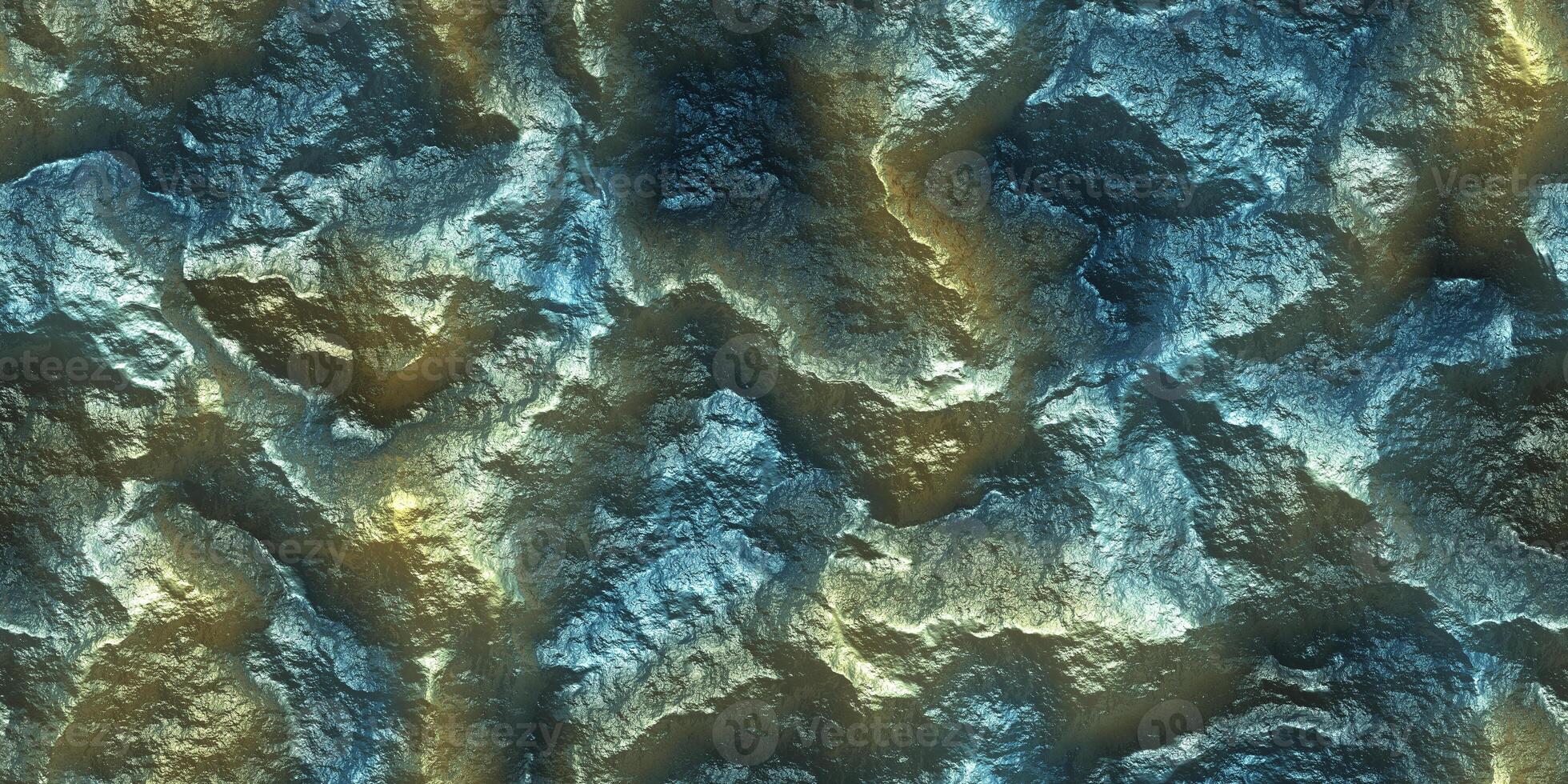 Gold Silver Shine Stone Mineral Surface. Metal Paint Rock Shining Background. Painted Cliff Glows Texture. Metallic Ore Sparkles Backdrop. photo