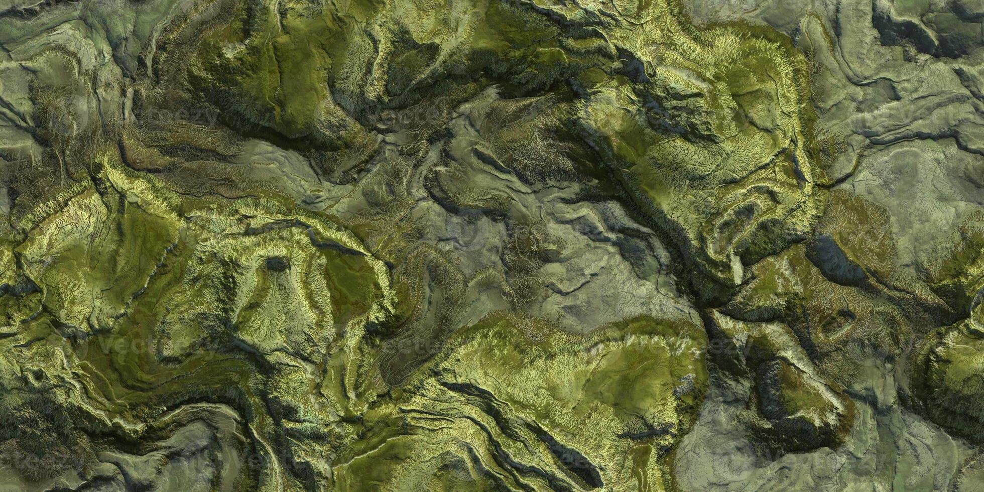 Green grass landscape topography top view texture. 3D geography mountain district map atop background. Hills field landform from above view backdrop. photo