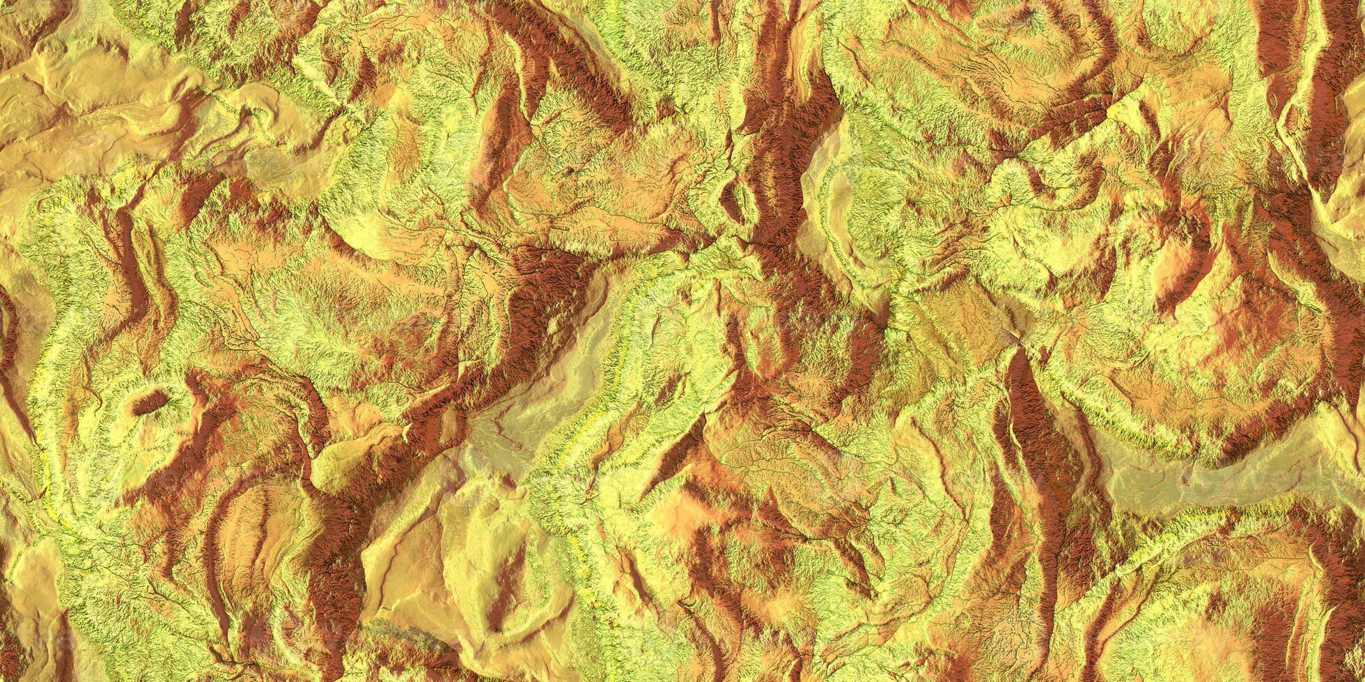 Yellow rock hills field landform from above view backdrop. Landscape topography top view texture. 3D geography mountain district map atop background. photo