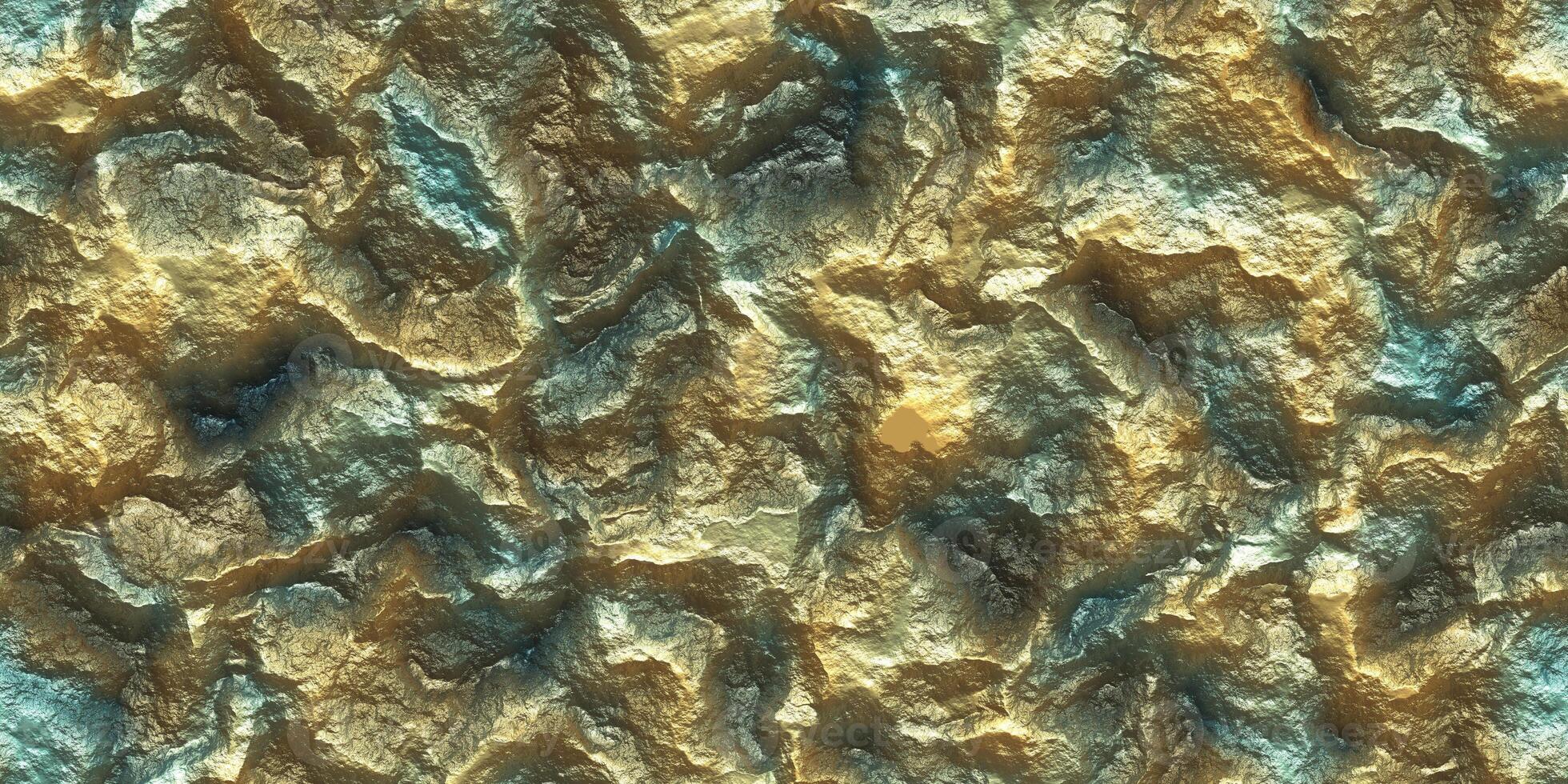 Yellow Gold Shine Stone Mineral Surface. Metal Paint Rock Shining Background. Painted Cliff Glows Texture. Metallic Ore Sparkles Backdrop. photo
