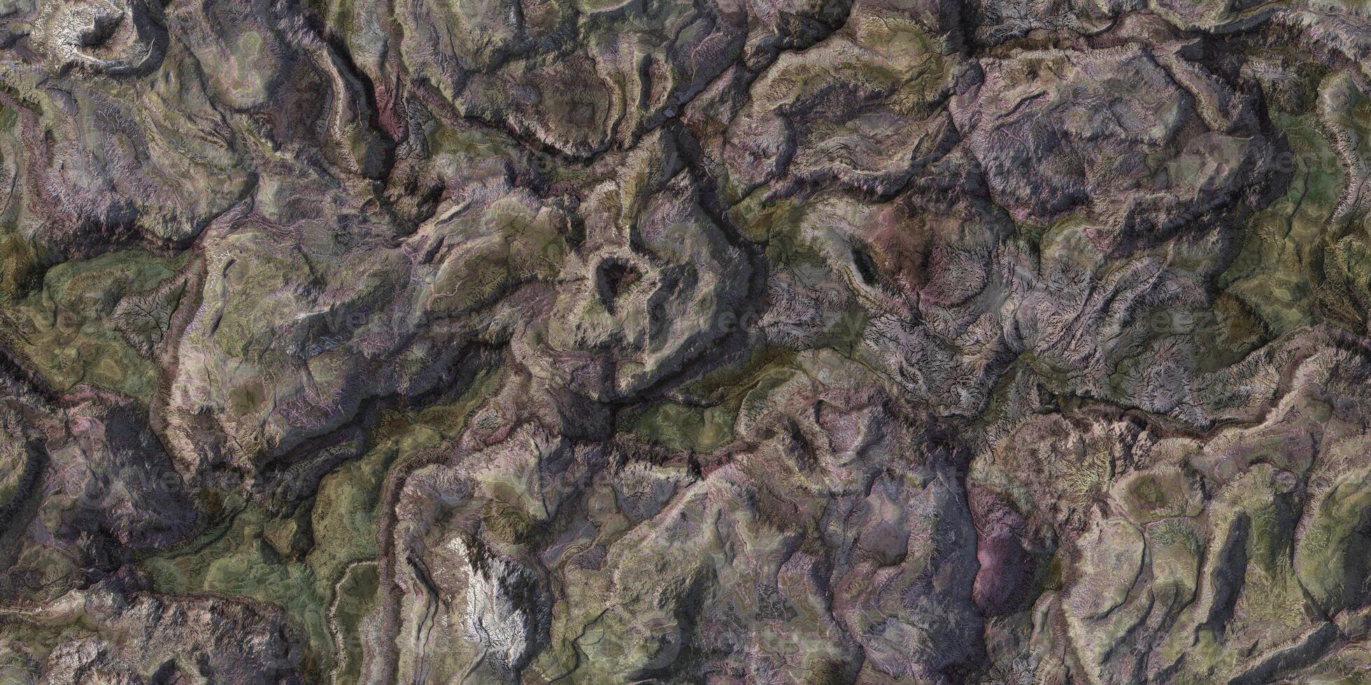 Rock hills field landform from above view backdrop. Landscape topography top view texture. 3D geography mountain district map atop background. photo