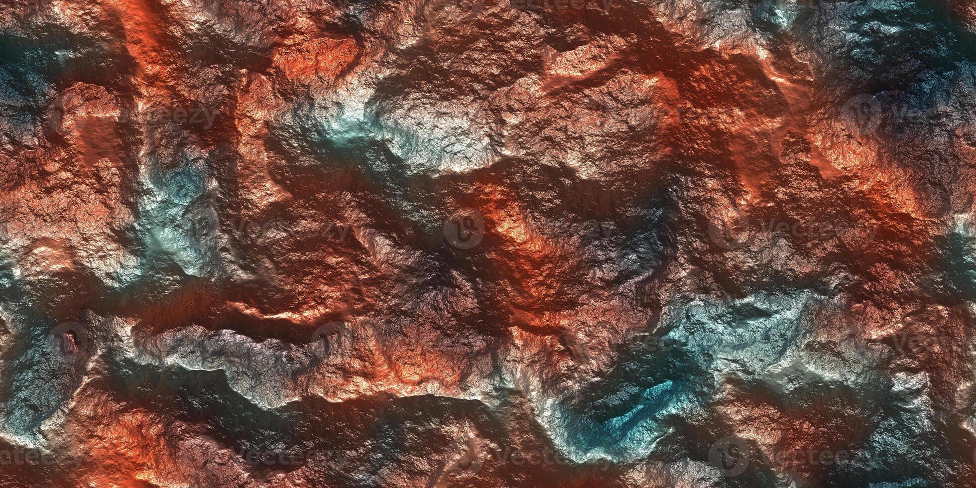 Red Metal Paint Rock Shining Background. Painted Cliff Glows Texture. Metallic Ore Sparkles Backdrop. Shine Stone Mineral Surface. photo