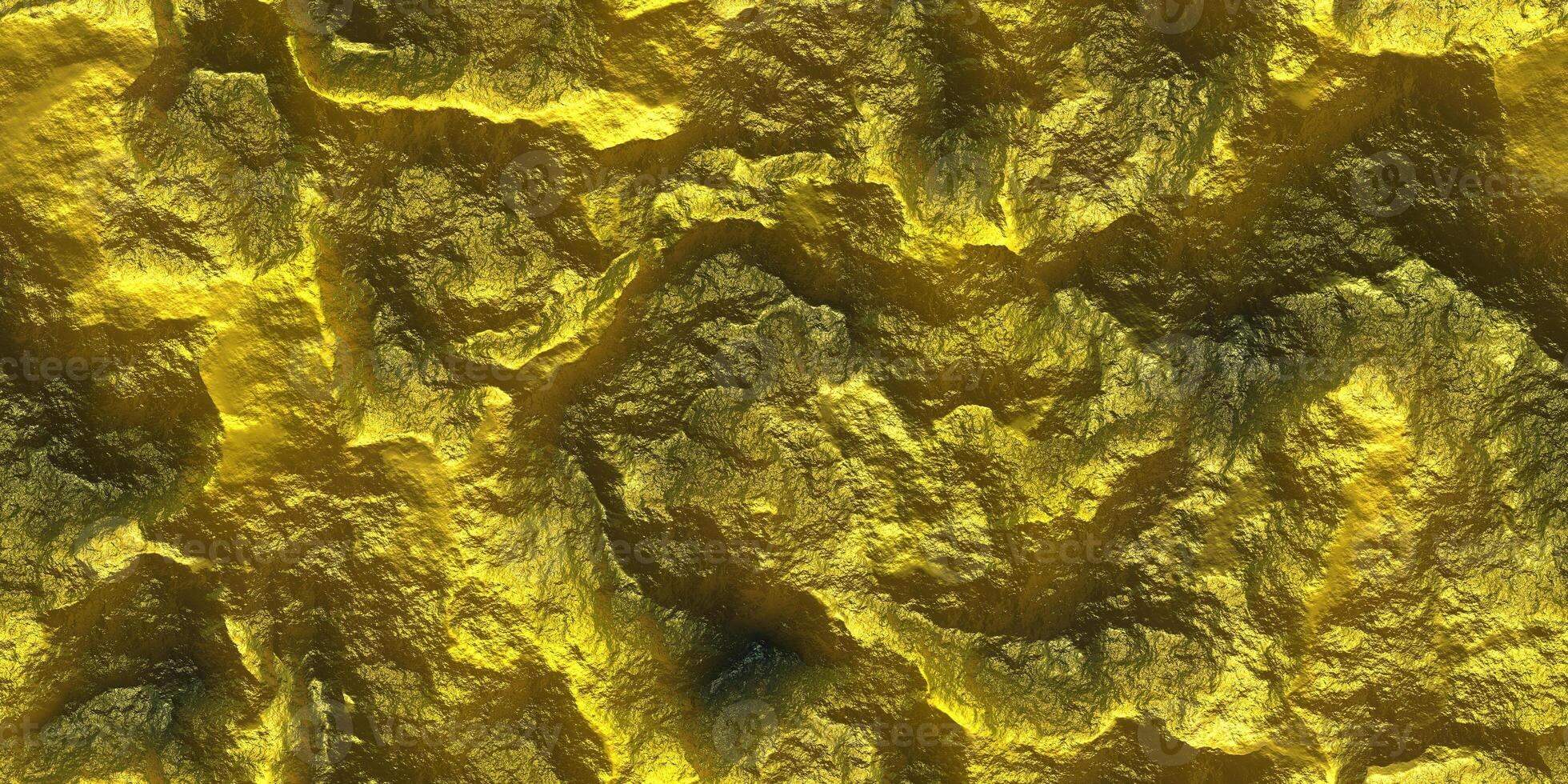 Gold Metal Paint Rock Shining Background. Painted Cliff Glows Texture. Metallic Ore Sparkles Backdrop. Shine Stone Mineral Surface. photo