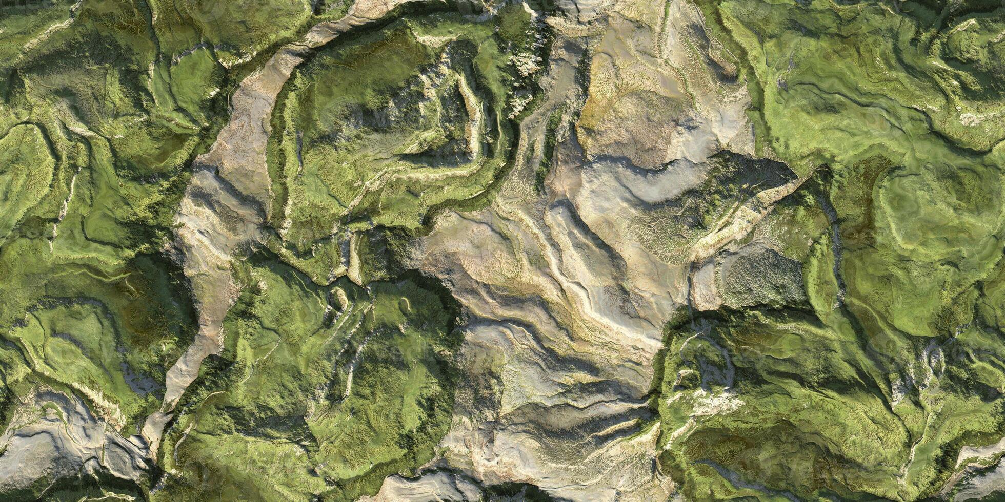 3D green ground geography mountain district map atop background. Hills field landform from above view backdrop. Landscape topography top view texture. photo