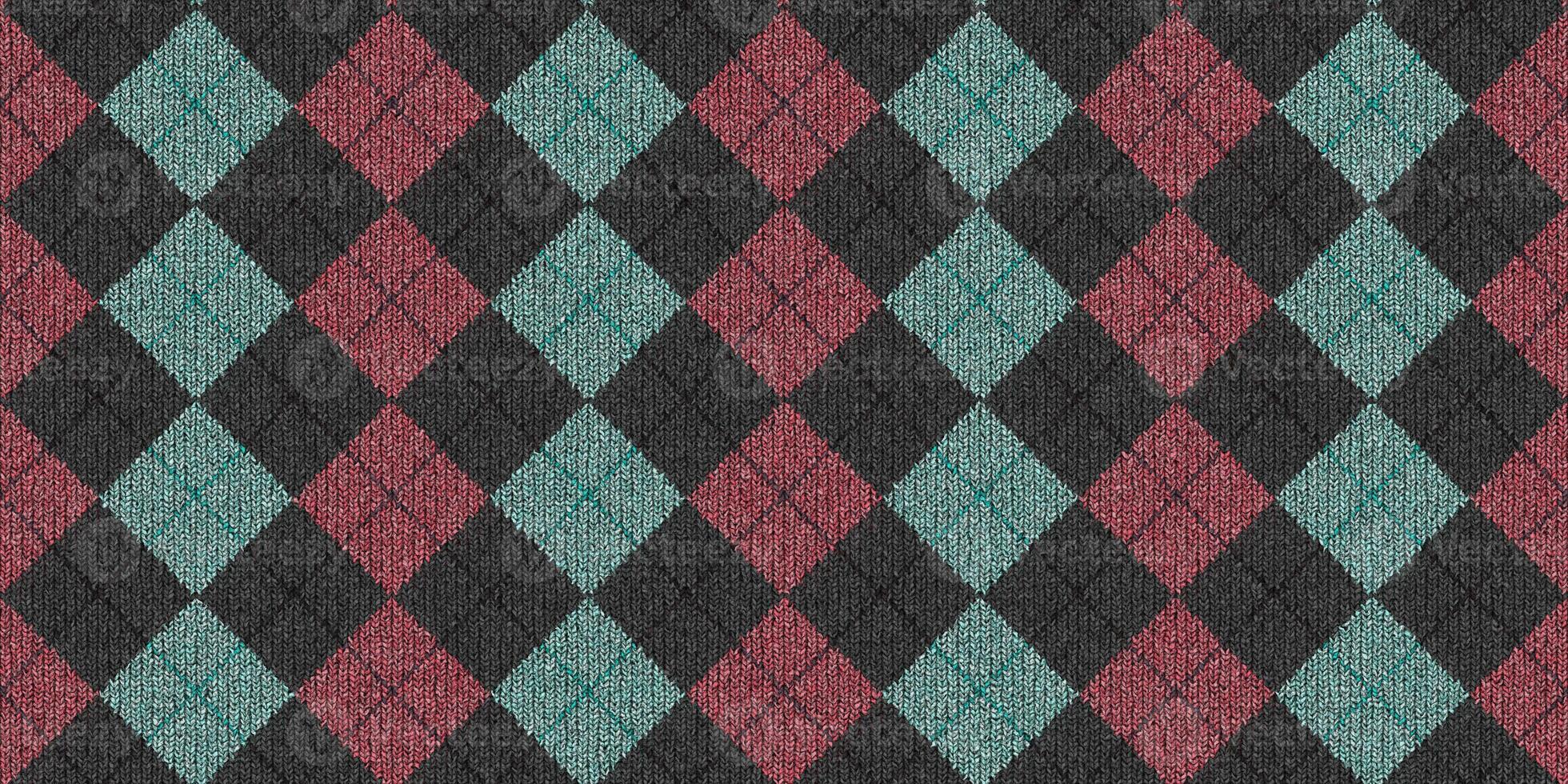 Blue Pink Gray Checkered Knitted Weaving Background. Wool Knitwear Cotton Texture. Fabric Material Cloth Backdrop. photo