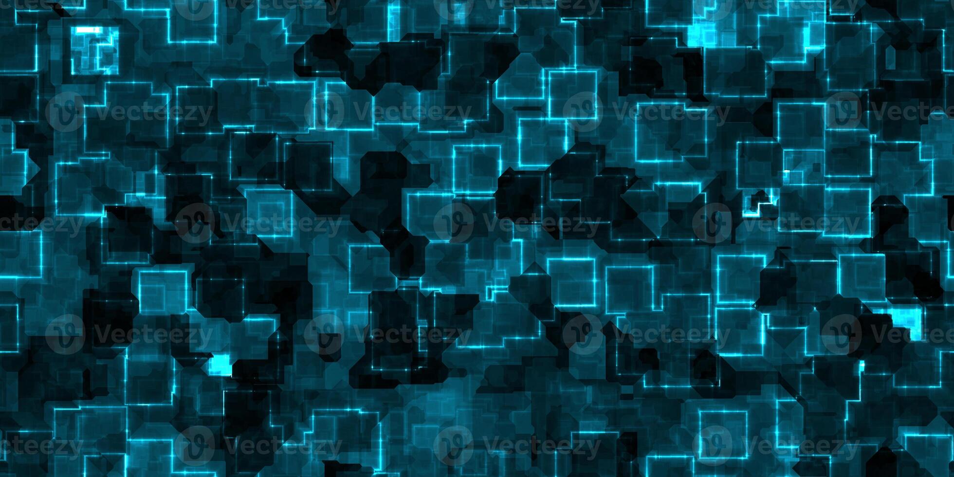 Blue seamless Cyber Glow Neon Squares Pattern Background Texture. photo
