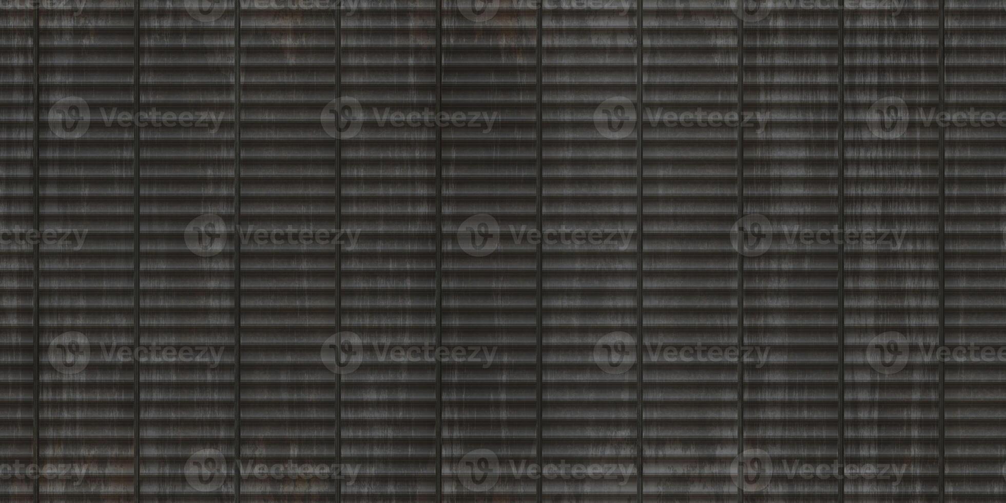 Dark gray wavy iron wall pattern. Fluted metal fencing backdrop. Corrugated metal texture. Crimp fence background. Ribbed metallic surface. photo