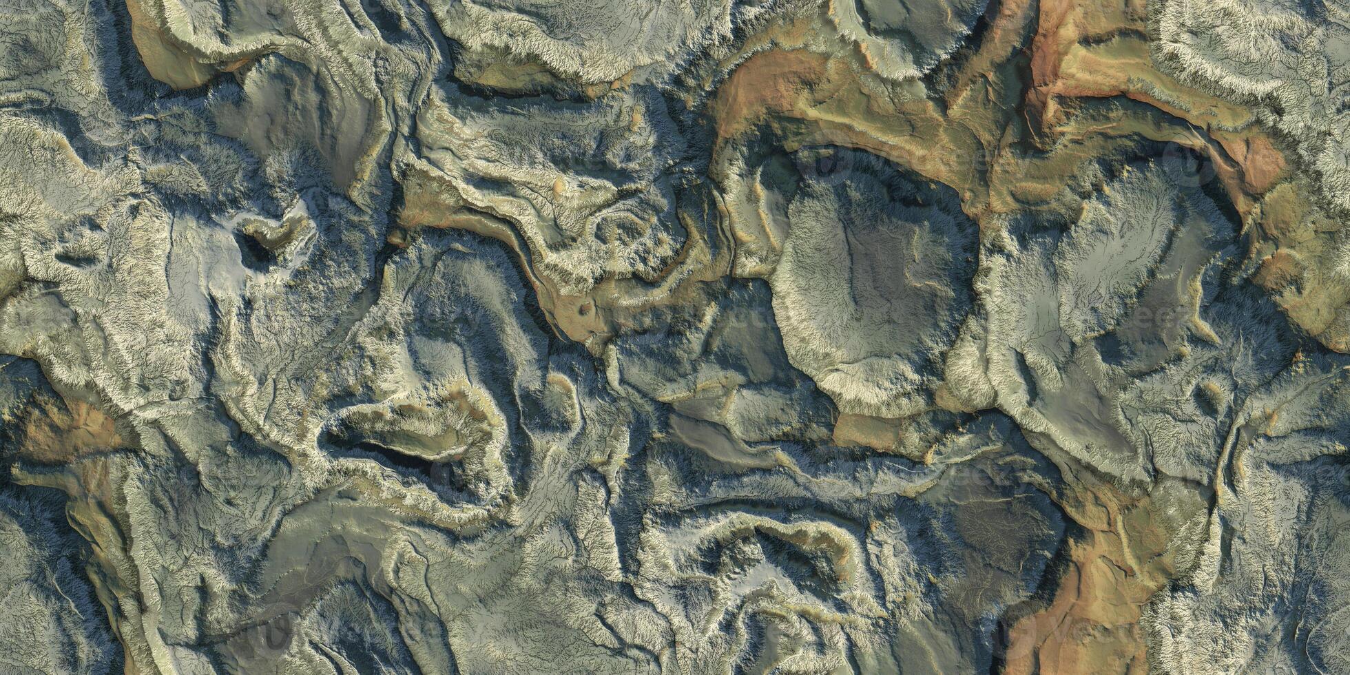 Boggy landscape topography top view texture. 3D geography mountain district map atop background. Hills field landform from above view backdrop. photo