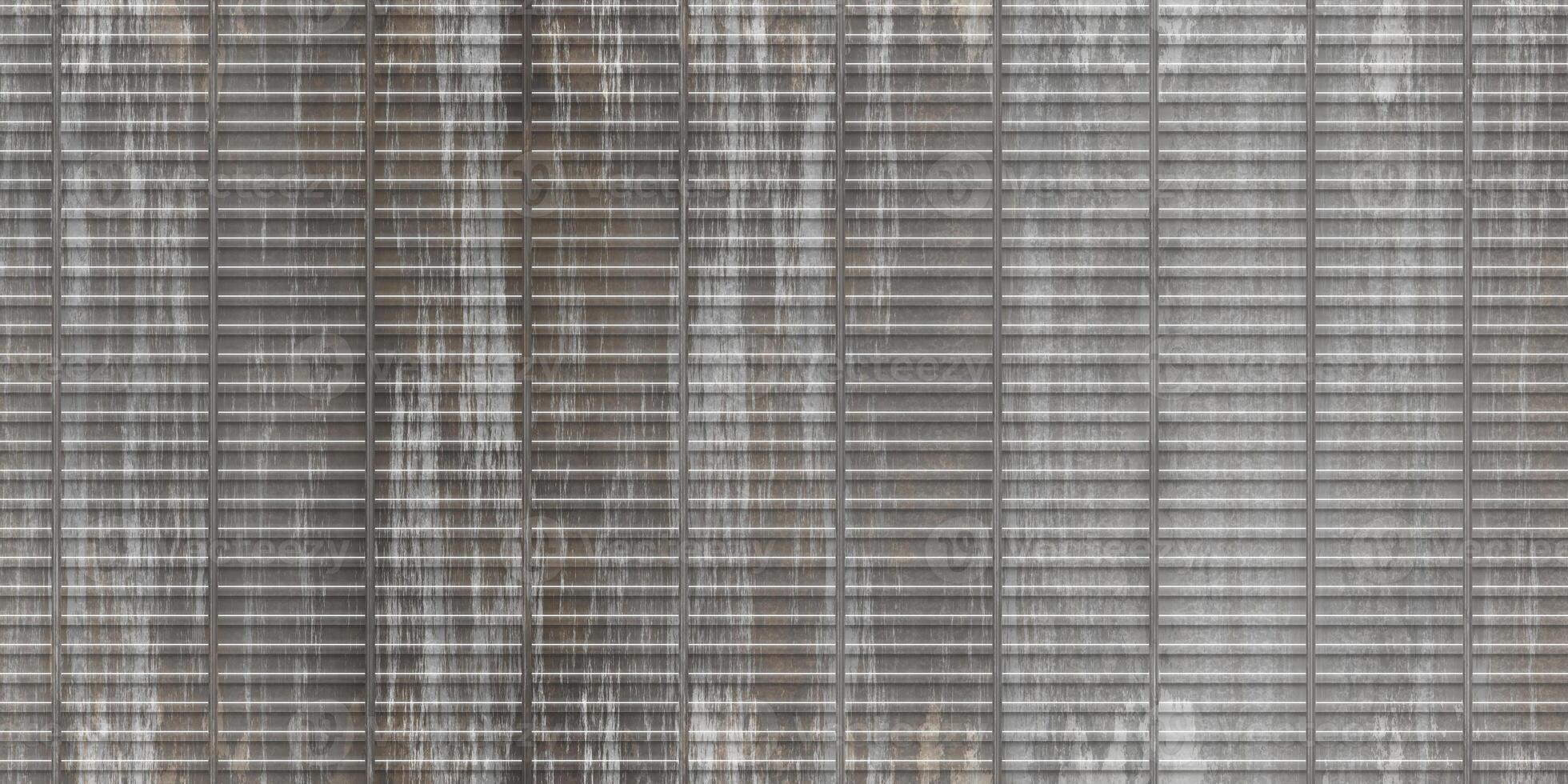 Dirty gary crimp fence background. Ribbed metallic surface. Wavy iron wall pattern. Fluted metal fencing backdrop. Corrugated metal texture. photo