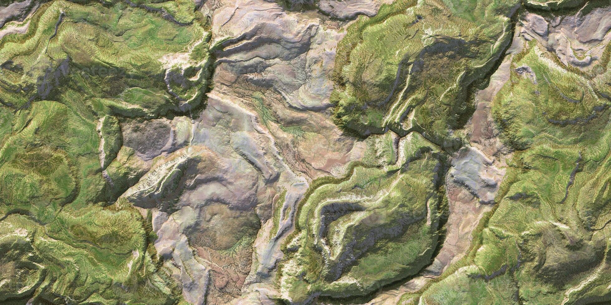 Green landscape topography top view texture. 3D geography mountain district map atop background. Hills field landform from above view backdrop. photo