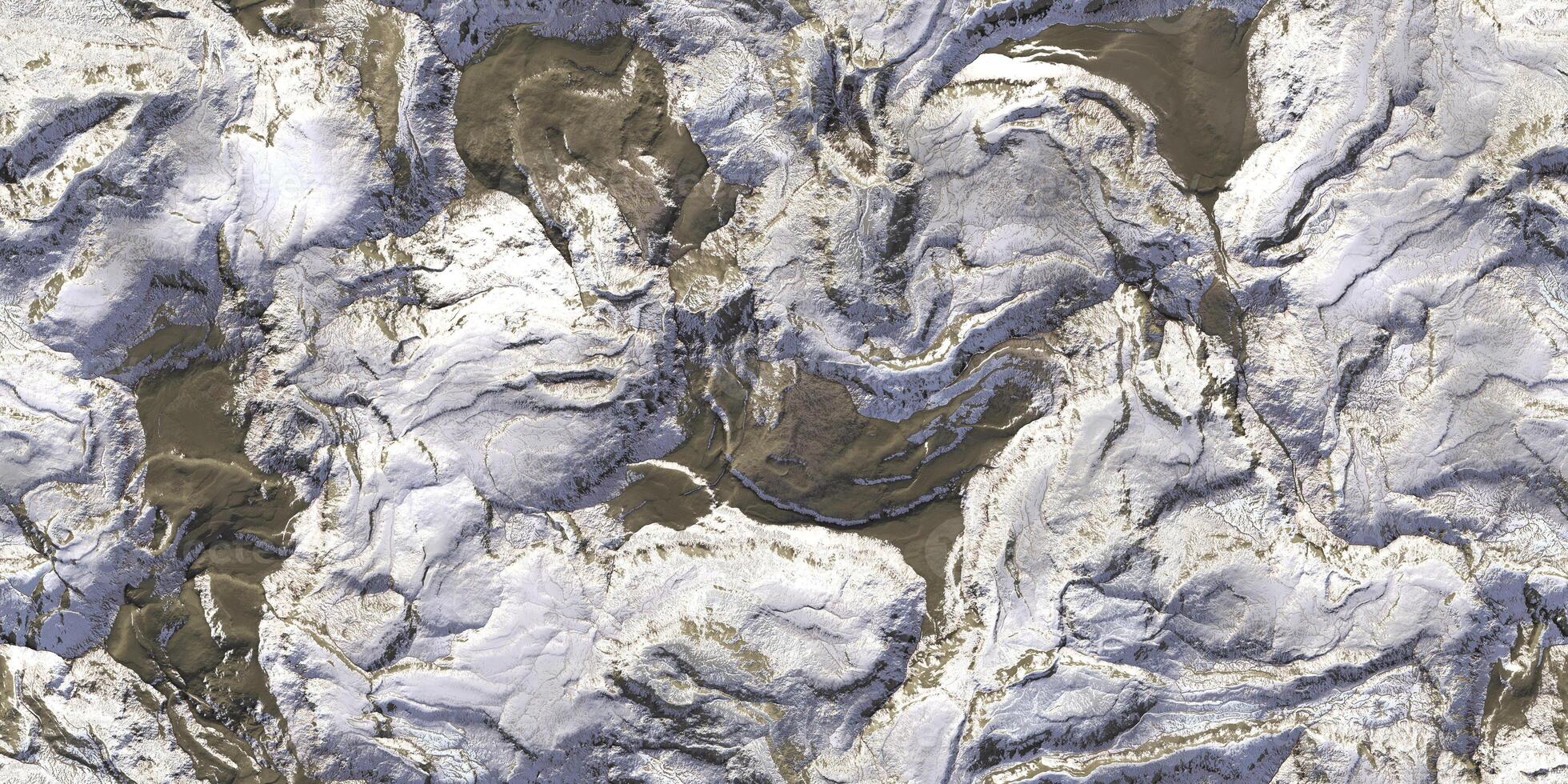 Snow hills field landform from above view backdrop. Landscape topography top view texture. 3D geography mountain district map atop background. photo