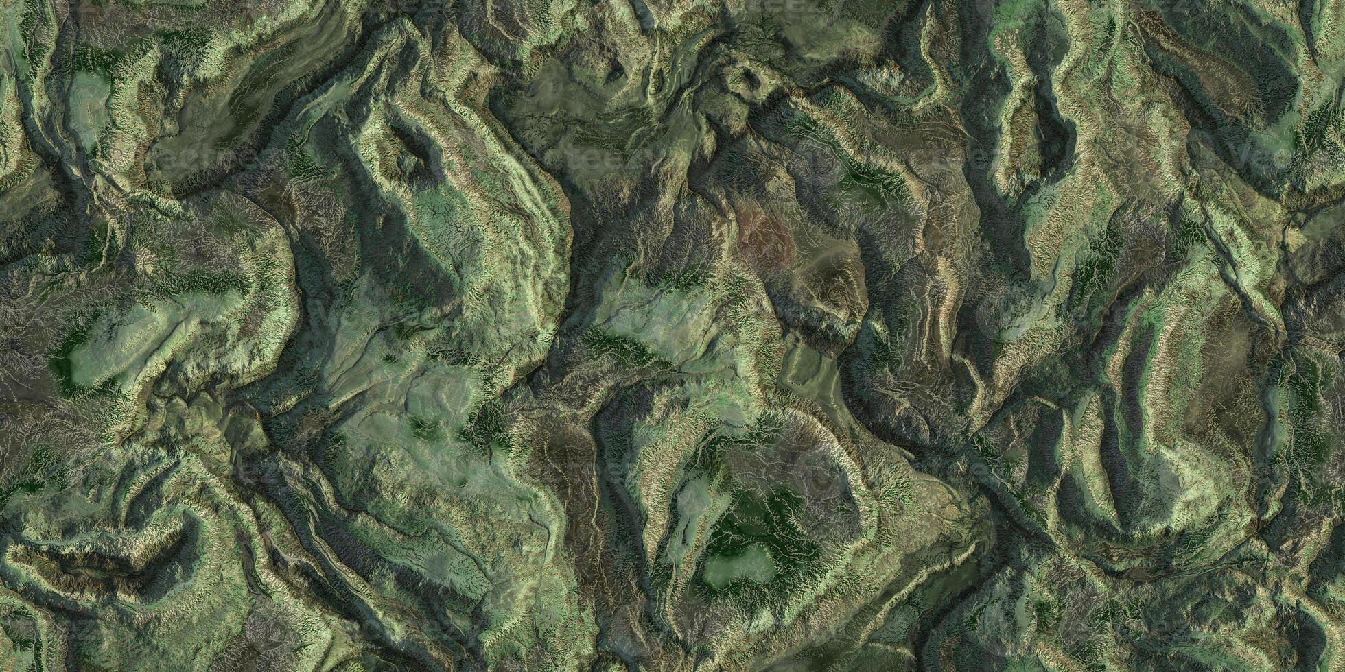 3D geography mountain district map atop background. Hills field landform from above view backdrop. Landscape topography top view texture. photo