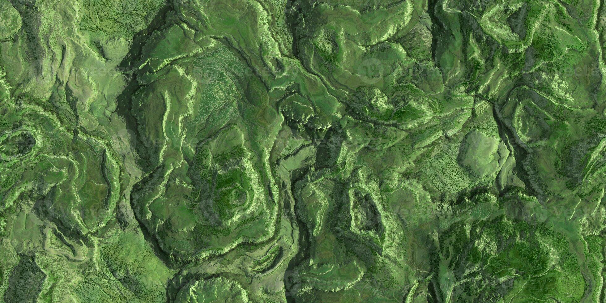 Landscape green grass topography top view texture. 3D geography mountain district map atop background. Hills field landform from above view backdrop. photo