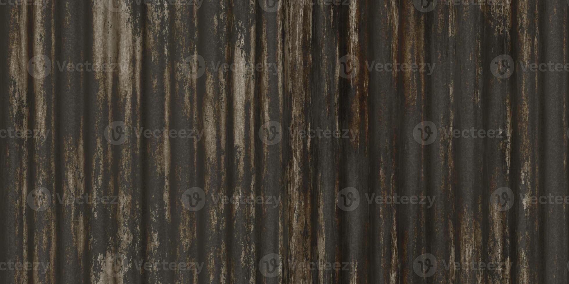 Rustic dark corrugated metal texture. Crimp fence background. Ribbed metallic surface. Wavy iron wall pattern. Fluted metal fencing backdrop. photo