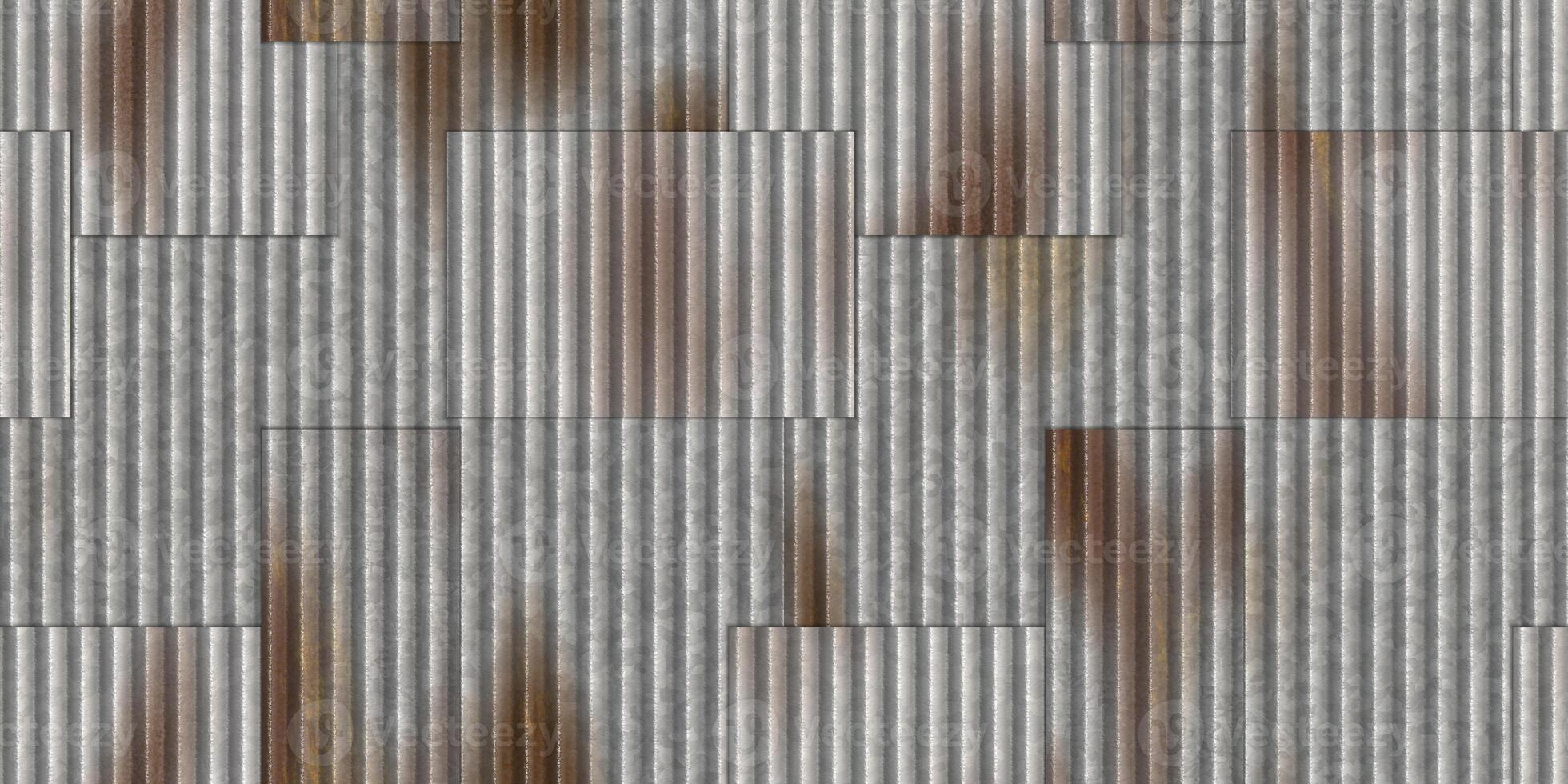Gray steel corrugated bare rustic metal sheets texture. Crimp fence background. Ribbed metallic surface. Wavy iron wall pattern. Fluted metal fencing backdrop. photo