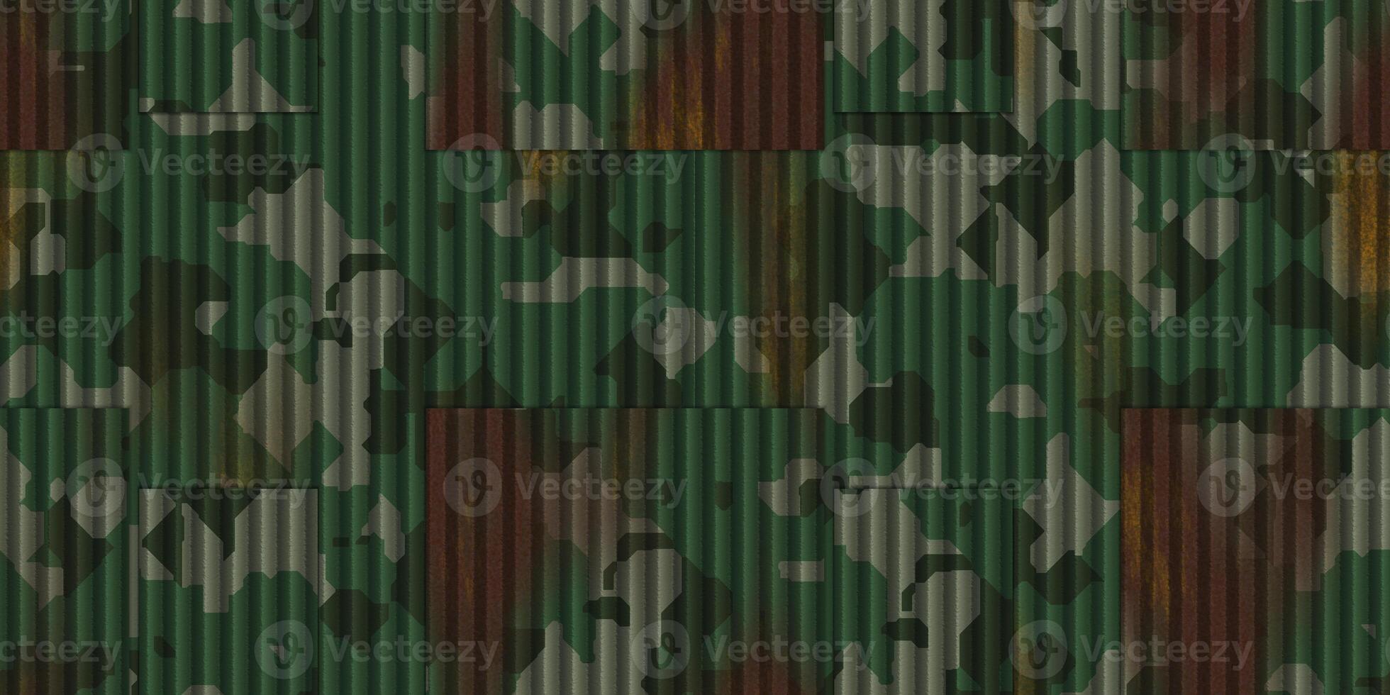Camouflage rustic ribbed metallic surface. Wavy iron wall pattern. Fluted metal fencing backdrop. Corrugated metal texture. Crimp fence background. photo