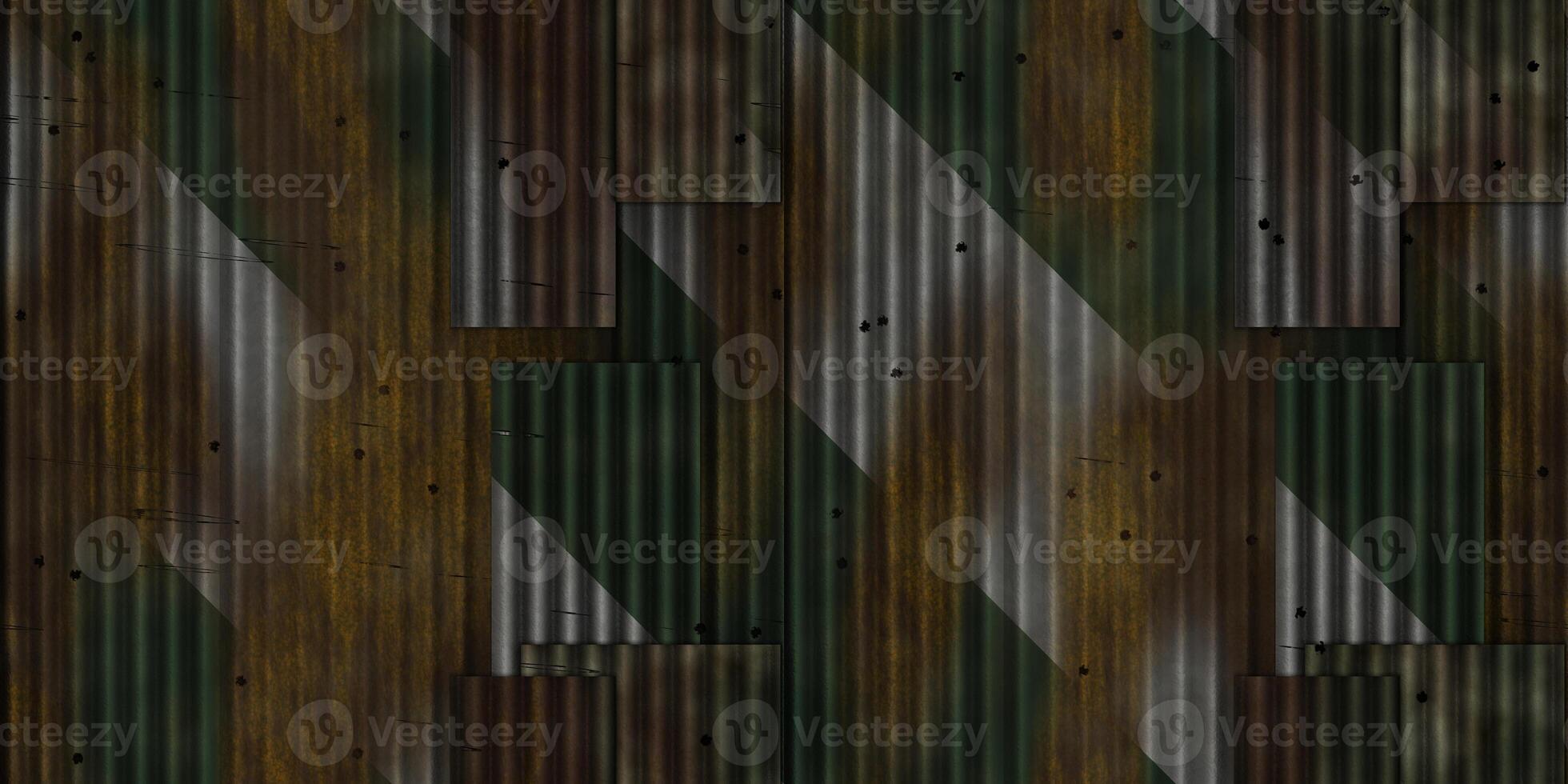 Green white weathered rust ribbed metallic surface. Wavy iron wall pattern. Fluted metal fencing backdrop. Corrugated metal texture. Crimp fence background. photo