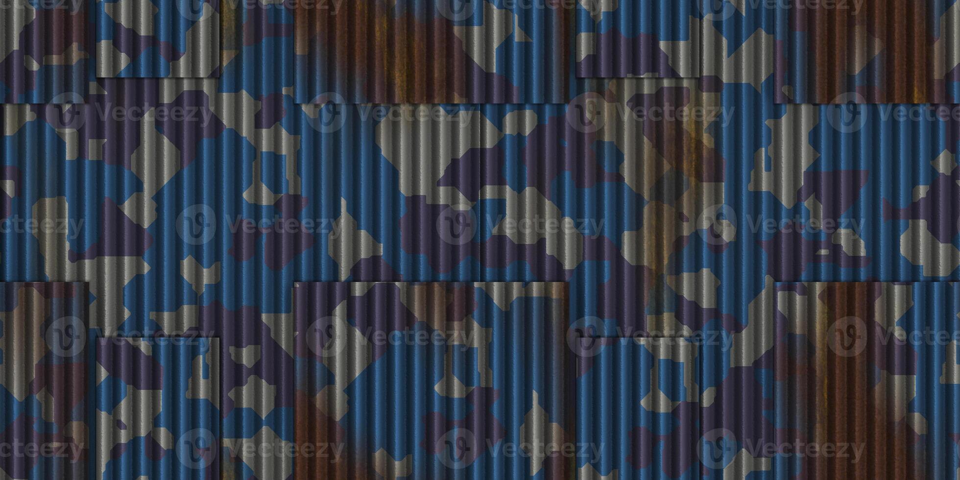 Blue rusted camouflage wavy iron wall pattern. Fluted metal fencing backdrop. Corrugated metal texture. Crimp fence background. Ribbed metallic surface. photo