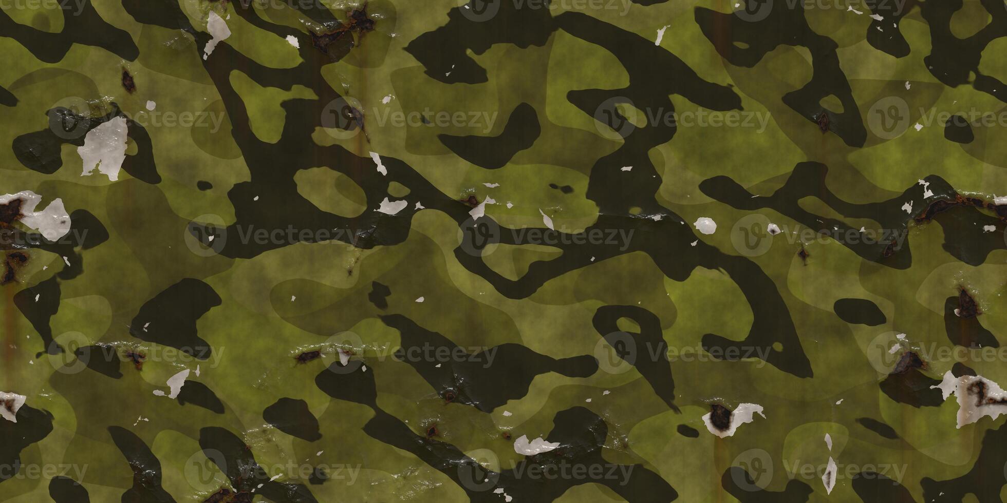 Military dirty green khaki with holes and rusty smudges painted wall backdrop. Corroded dirty steel sheet. Metal texture. Grunge metallic background. photo