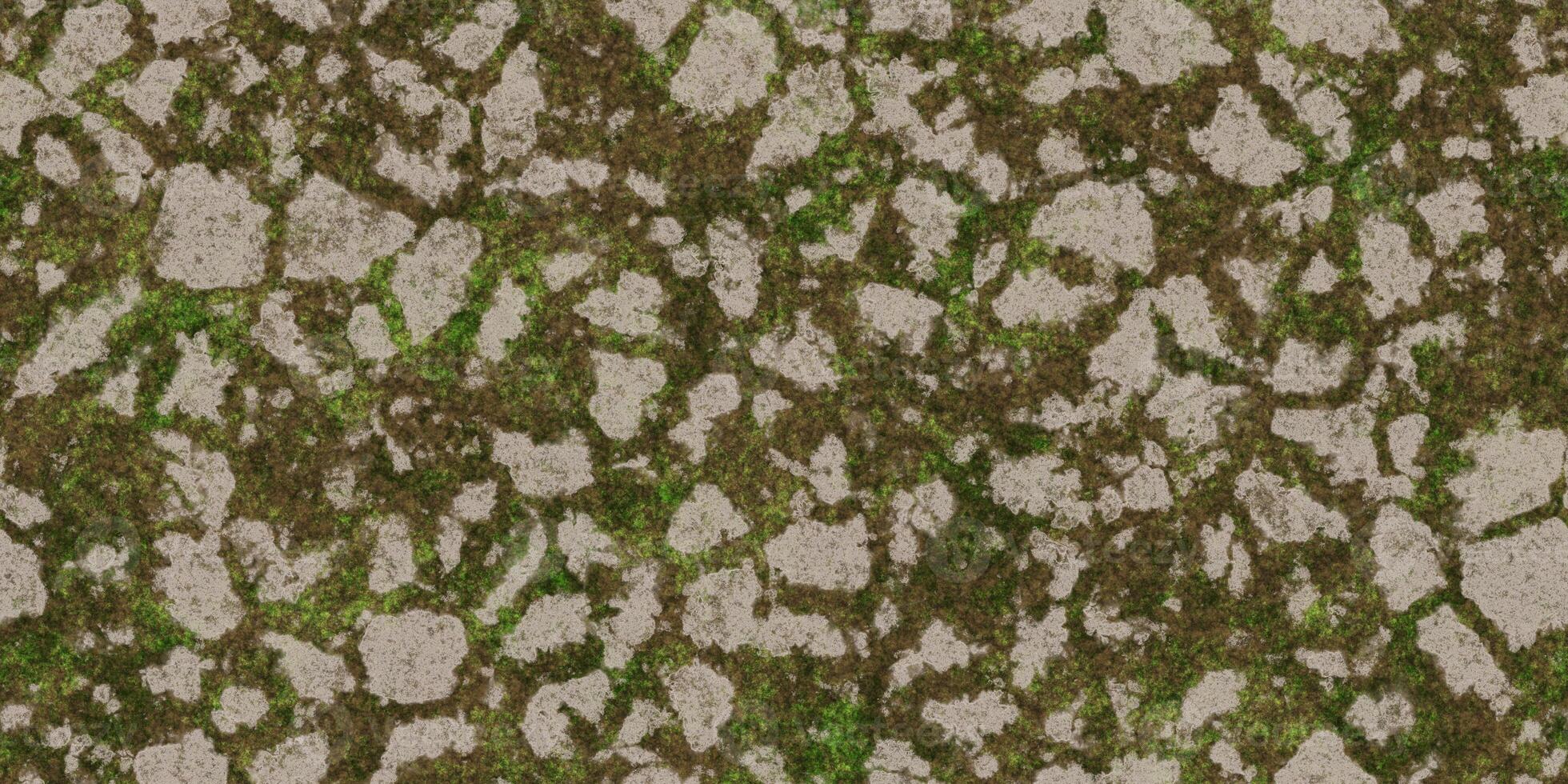 Summer desert with large mossy cracks seamless surface. Hot grunge weather climate pattern. Cracked ground with moss texture. Dry land with grass background. Ecology terrain backdrop. photo