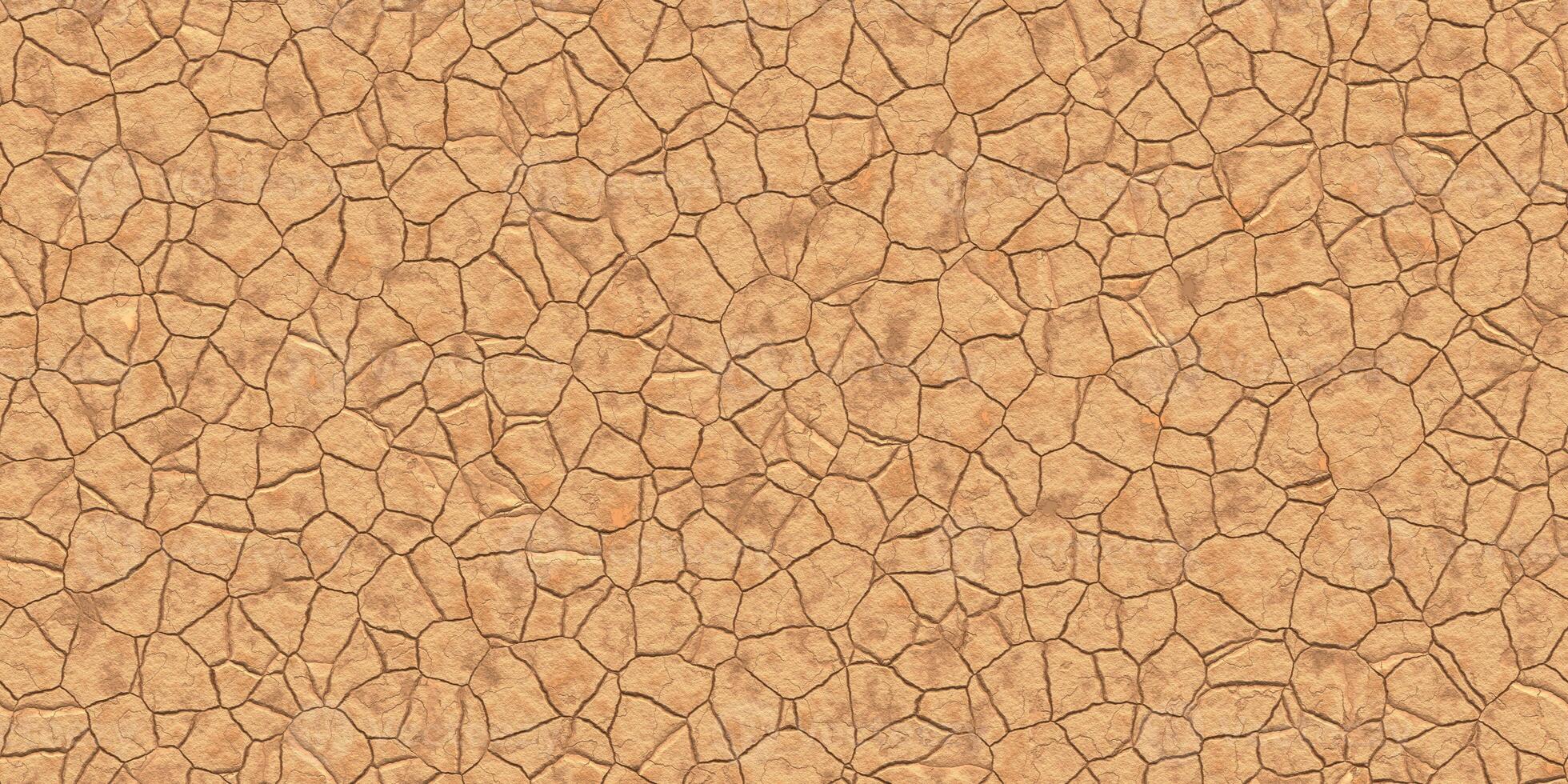 Beige dry land background. Ecology terrain backdrop. Summer desert cracks surface. Hot grunge weather climate pattern. Cracked ground texture. photo