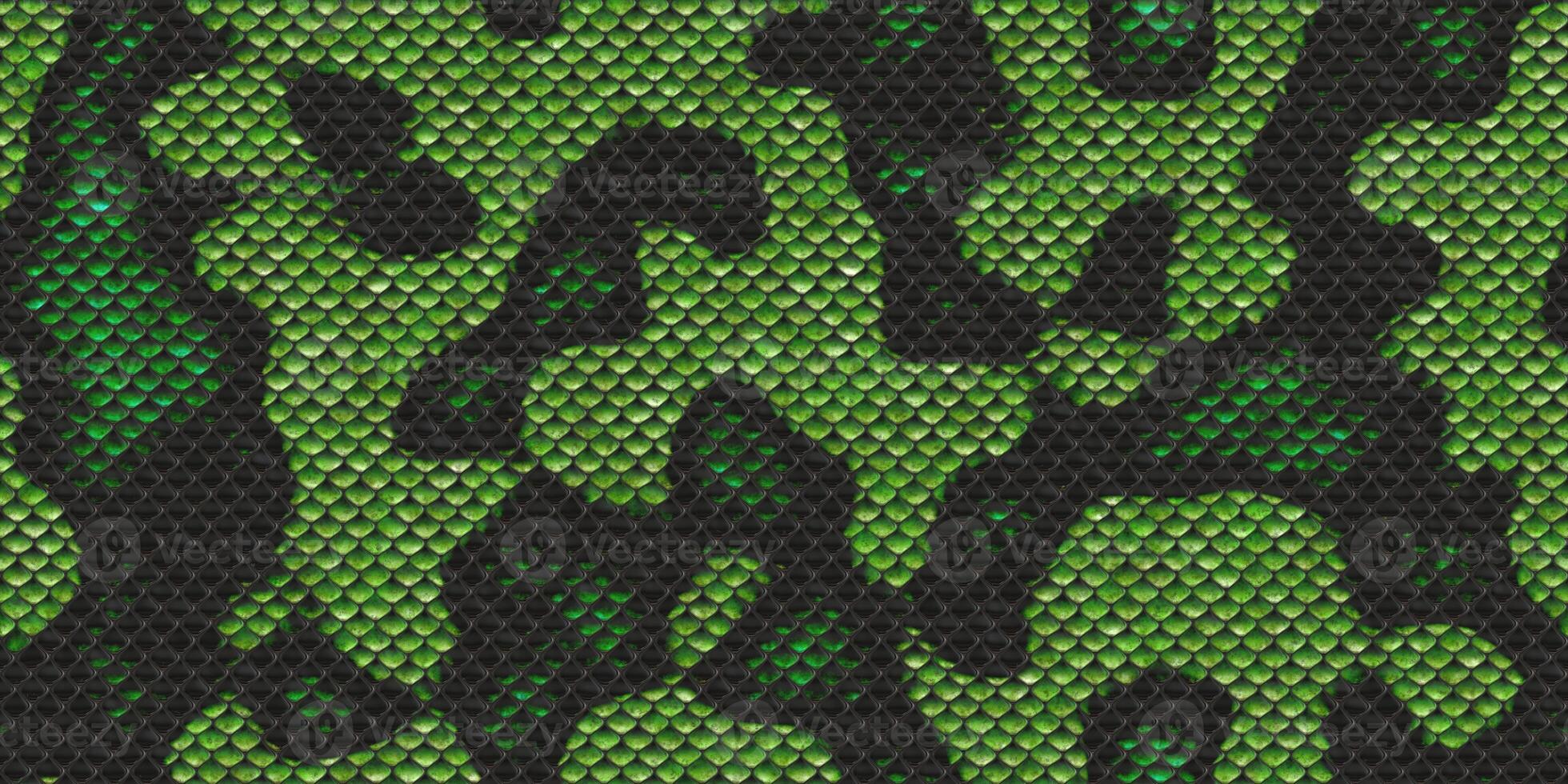 Black and green dangerous wildlife backdrop. Snake leather seamless textures. Reptile skin background. Reptilian scale pattern. Snakeskin surface. photo