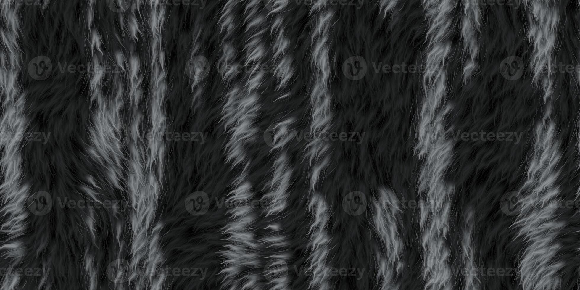 Black grey striped furry backdrop. Wild animal design. Fuzzy fashion creative. Wool texture. Fur background. Warm surface. Hairy pattern. photo