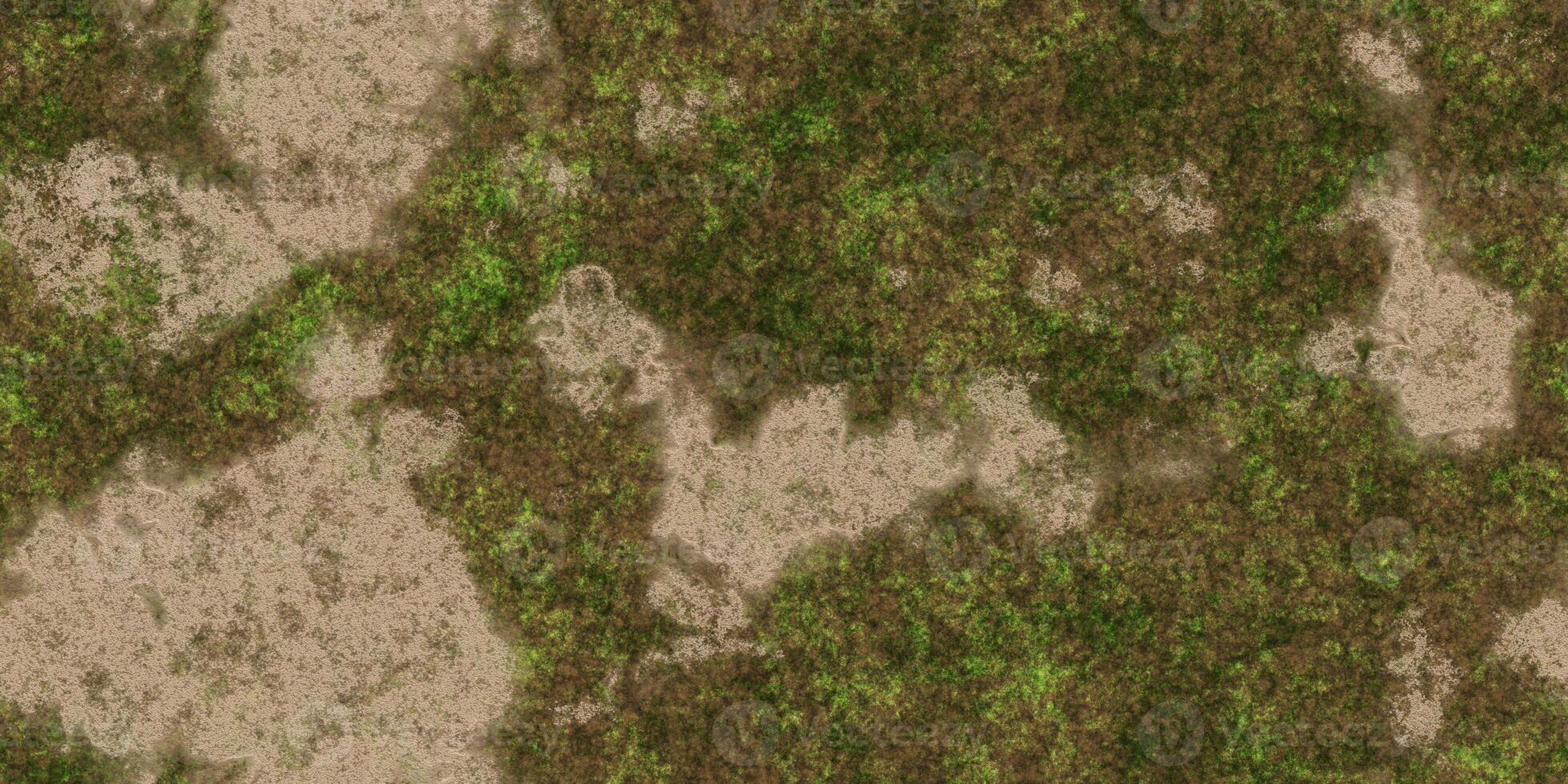 Cracked glade ground with moss seamless texture. Dry land with grass background. Ecology terrain backdrop. Summer desert with mossy cracks surface. Hot grunge weather climate pattern. photo