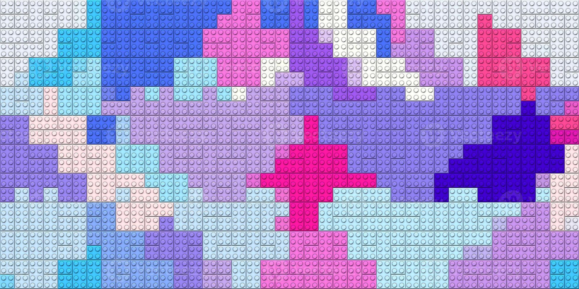 Blue violet pink happy creative child puzzle surface design. Plastic building blocks background. Toy bricks texture. Colored plastic pieces backdrop. Colorful brick block toys pattern. Like Lego. photo