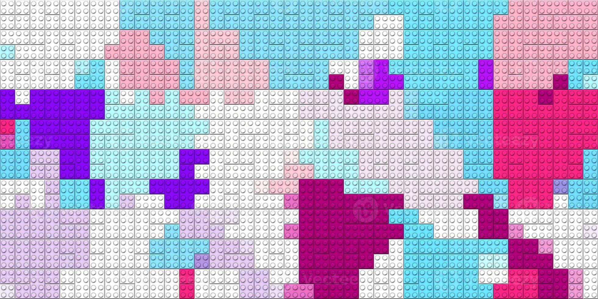 Blue violet pink happy creative child puzzle surface design. Plastic building blocks background. Toy bricks texture. Colored plastic pieces backdrop. Colorful brick block toys pattern. Like Lego. photo