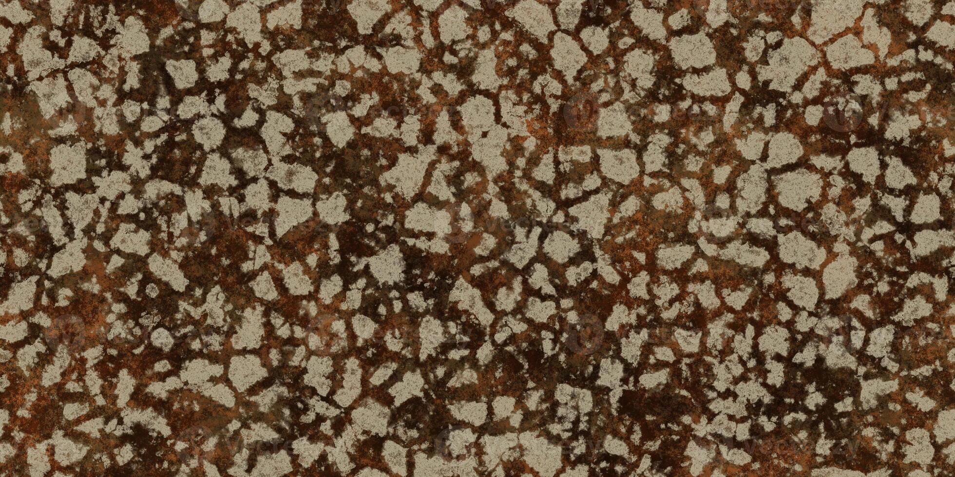 Hot meadow grunge weather climate seamless pattern. Cracked ground with moss texture. Dry land with grass background. Ecology terrain backdrop. Summer desert with mossy cracks surface. photo