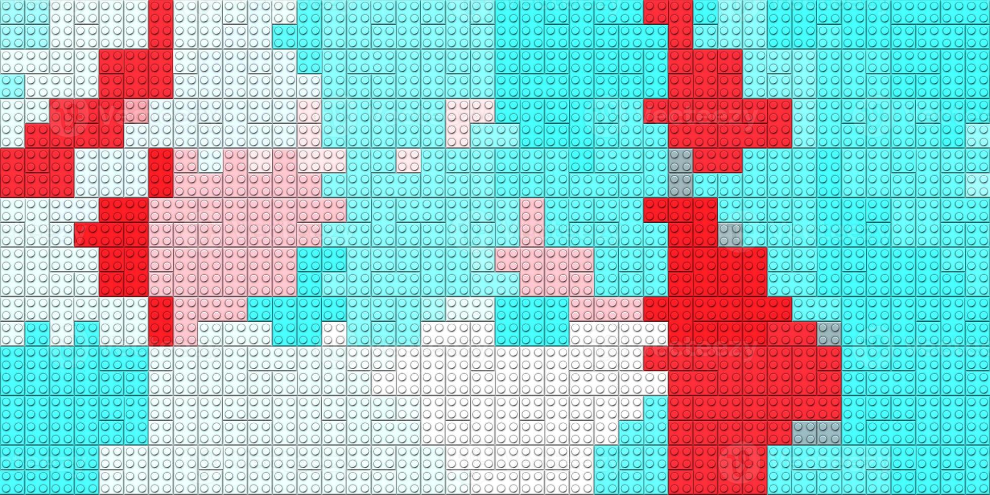 Blue red white pink toy bricks texture. Colored plastic pieces backdrop. Colorful brick block toys pattern. Happy creative child puzzle surface design. Plastic building blocks background. Like Lego. photo