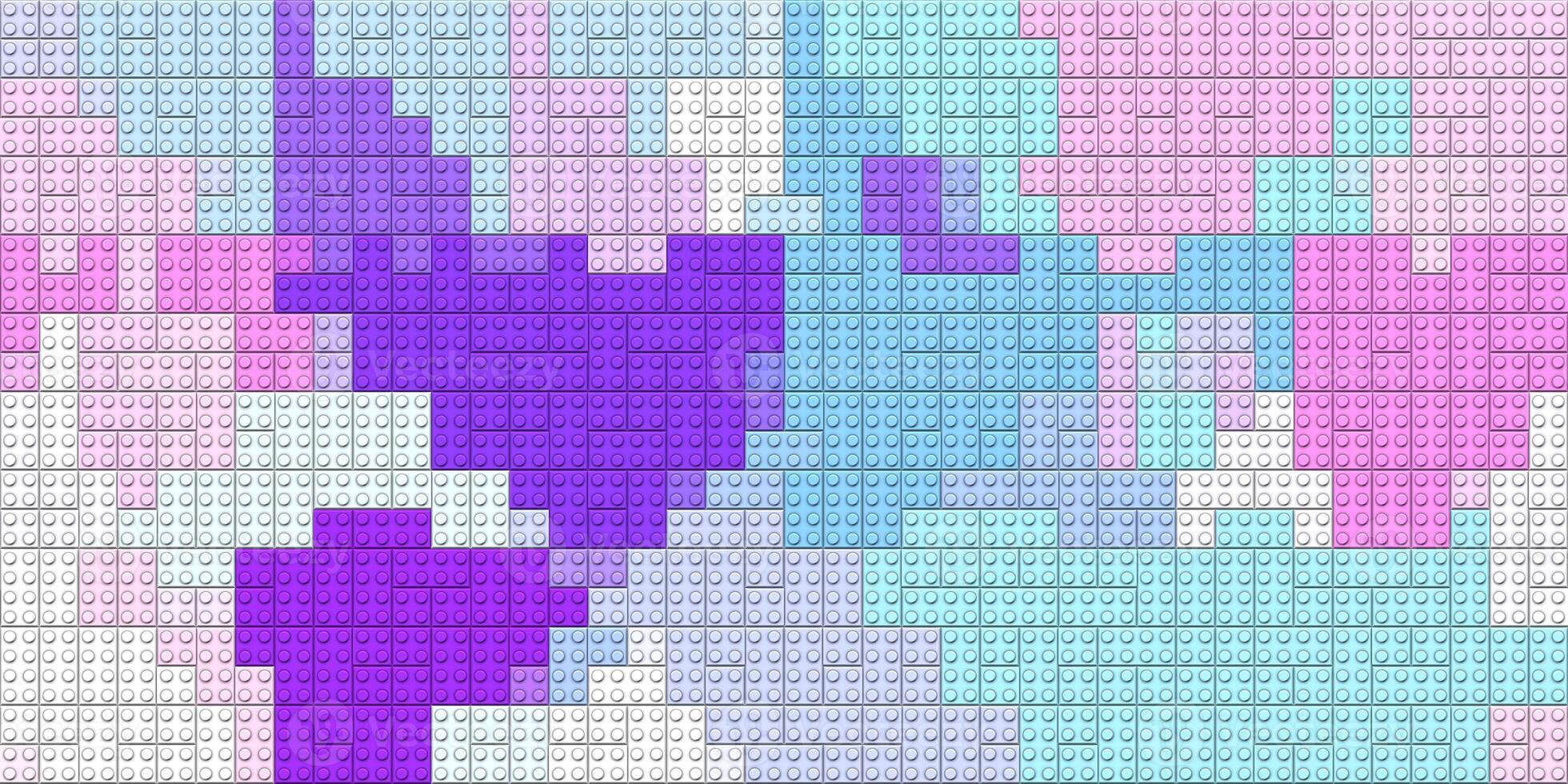 Purple blue white happy creative child puzzle surface design. Plastic building blocks background. Toy bricks texture. Colored plastic pieces backdrop. Colorful brick block toys pattern. Like Lego. photo