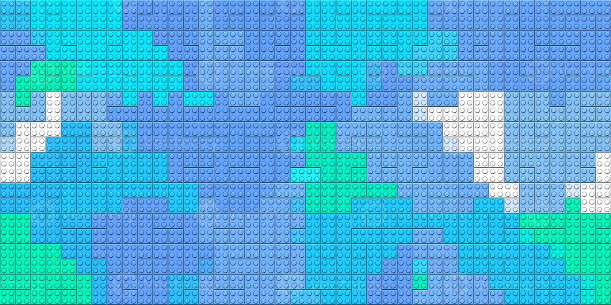 Blue green white toy bricks texture. Colored plastic pieces backdrop. Colorful brick block toys pattern. Happy creative child puzzle surface design. Plastic building blocks background. Like Lego. photo
