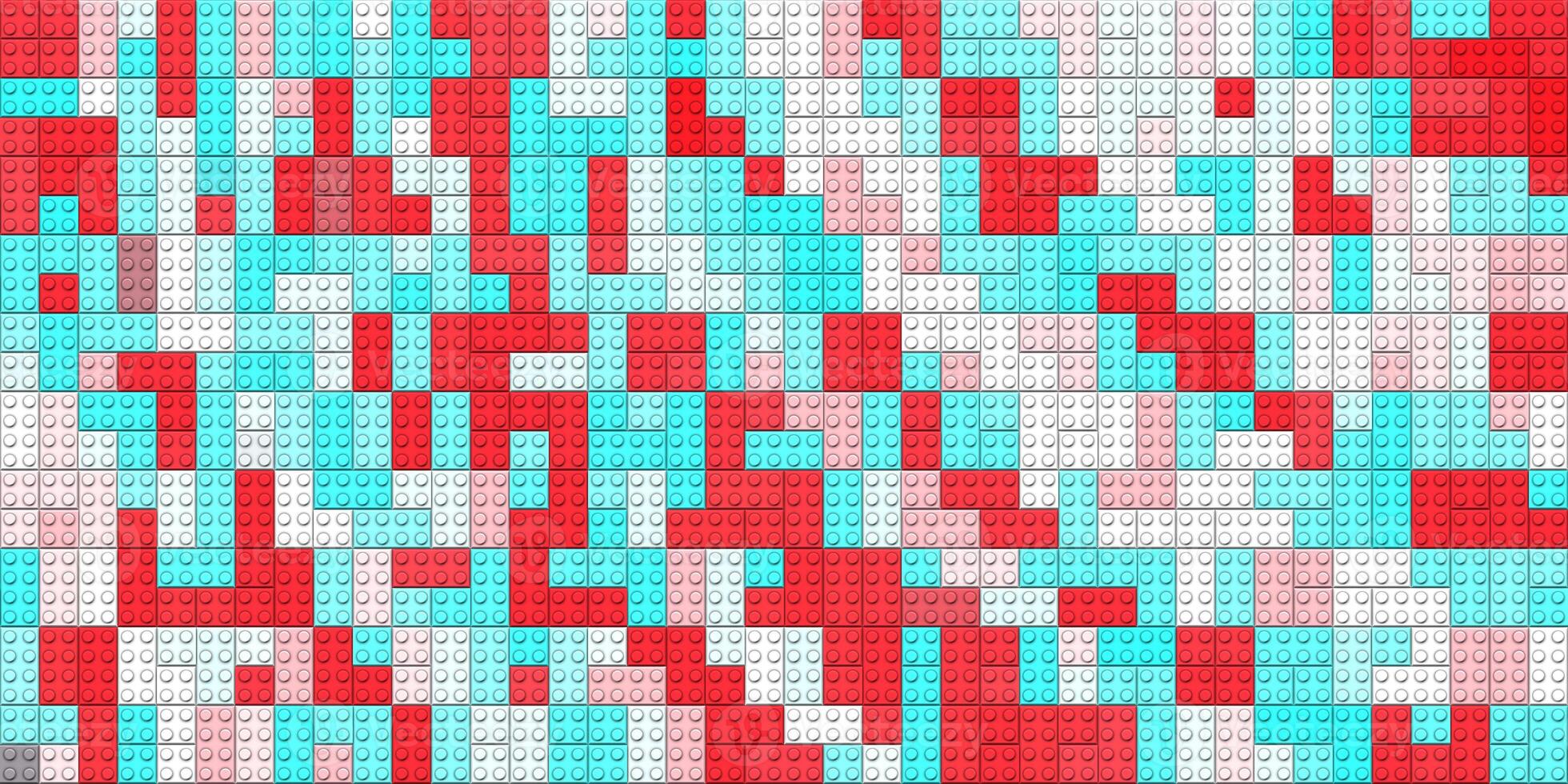 Blue red white happy creative child puzzle surface design. Plastic building blocks background. Toy bricks texture. Colored plastic pieces backdrop. Colorful brick block toys pattern. Like Lego. photo