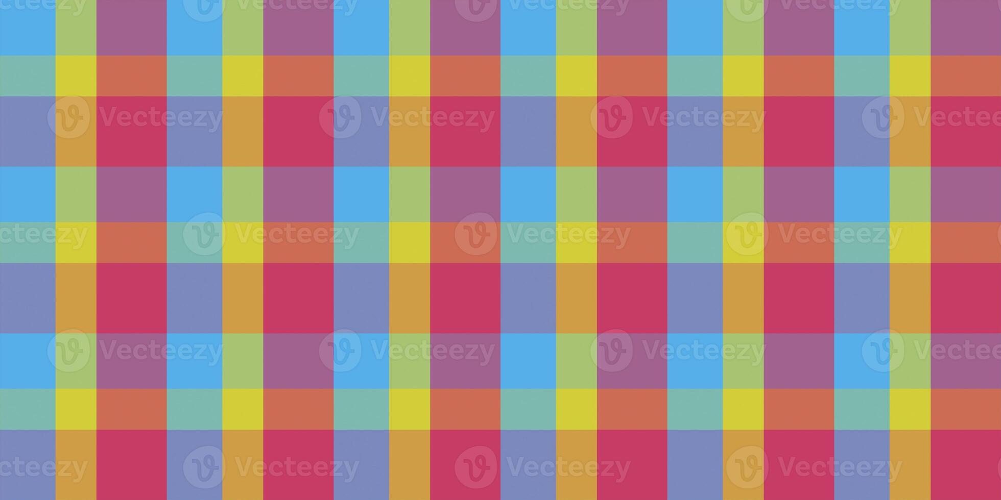 Red yellow blue fustian clothes fabric surface pattern. Checkered material backdrop. Woolen cotton wear textile background. Seamless flannel texture. photo