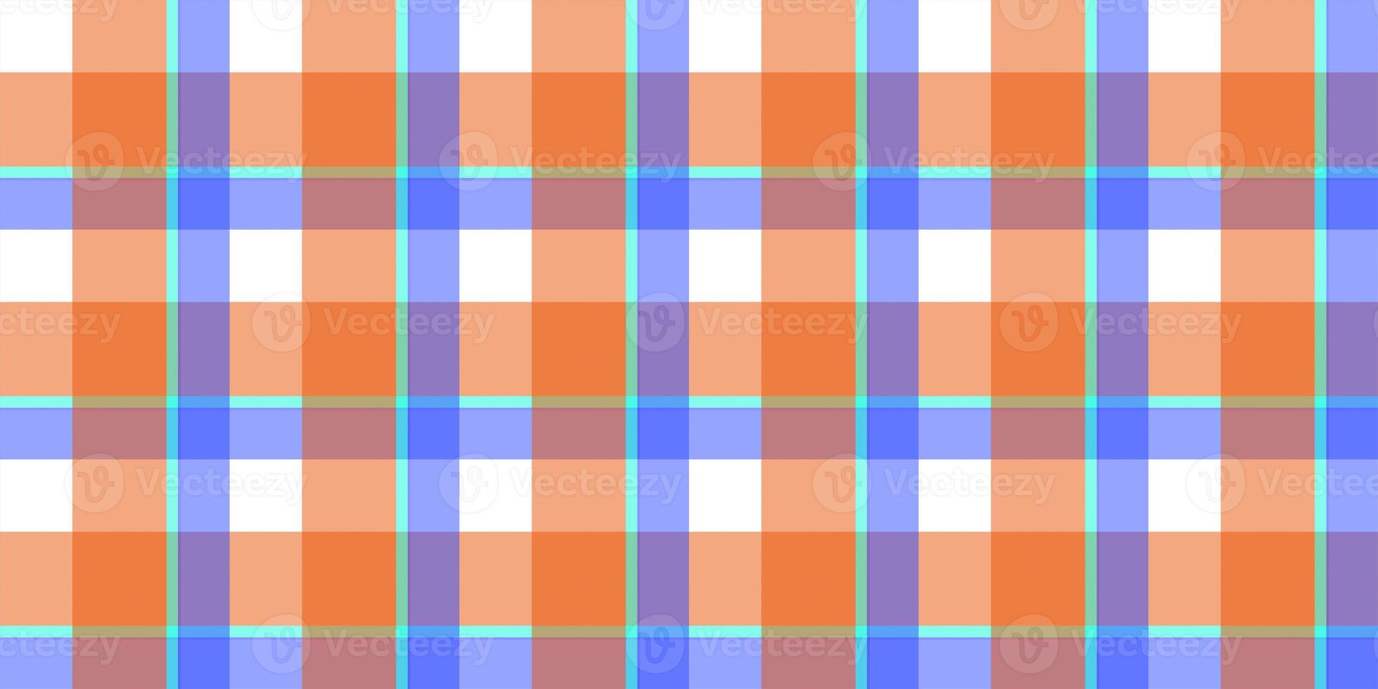 Orange blue fustian clothes fabric surface pattern. Checkered material backdrop. Woolen cotton wear textile background. Seamless flannel texture. photo