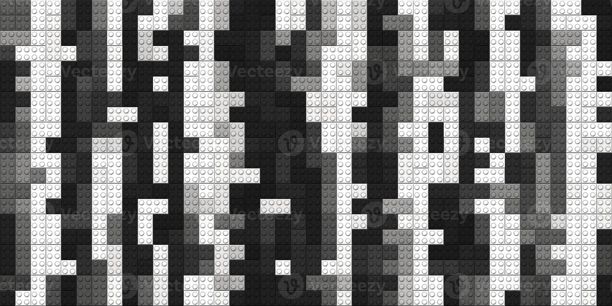 Black and white stripes plastic pieces backdrop. Colorful brick block toys pattern. Happy creative child puzzle surface design. Plastic building blocks background. Toy bricks texture. Like Lego. photo