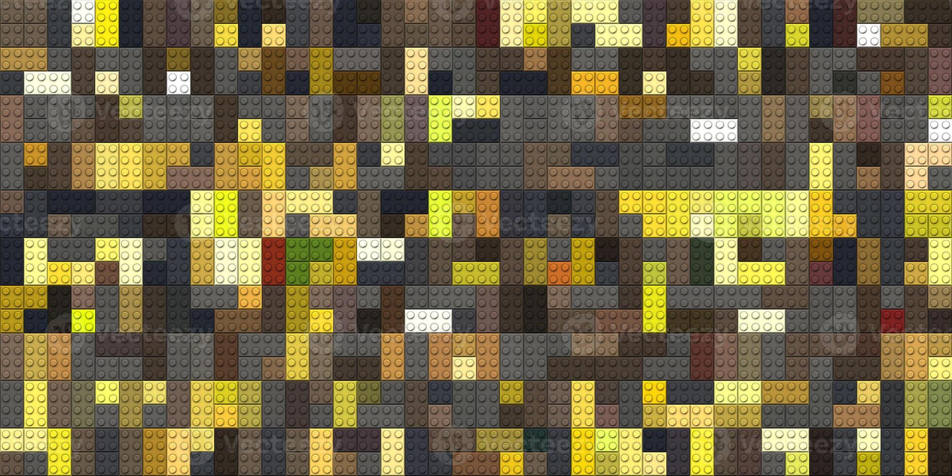 Yellow grey brown colorful brick block toys pattern. Happy creative child puzzle surface design. Plastic building blocks background. Toy bricks texture. Colored plastic pieces backdrop. Like Lego. photo