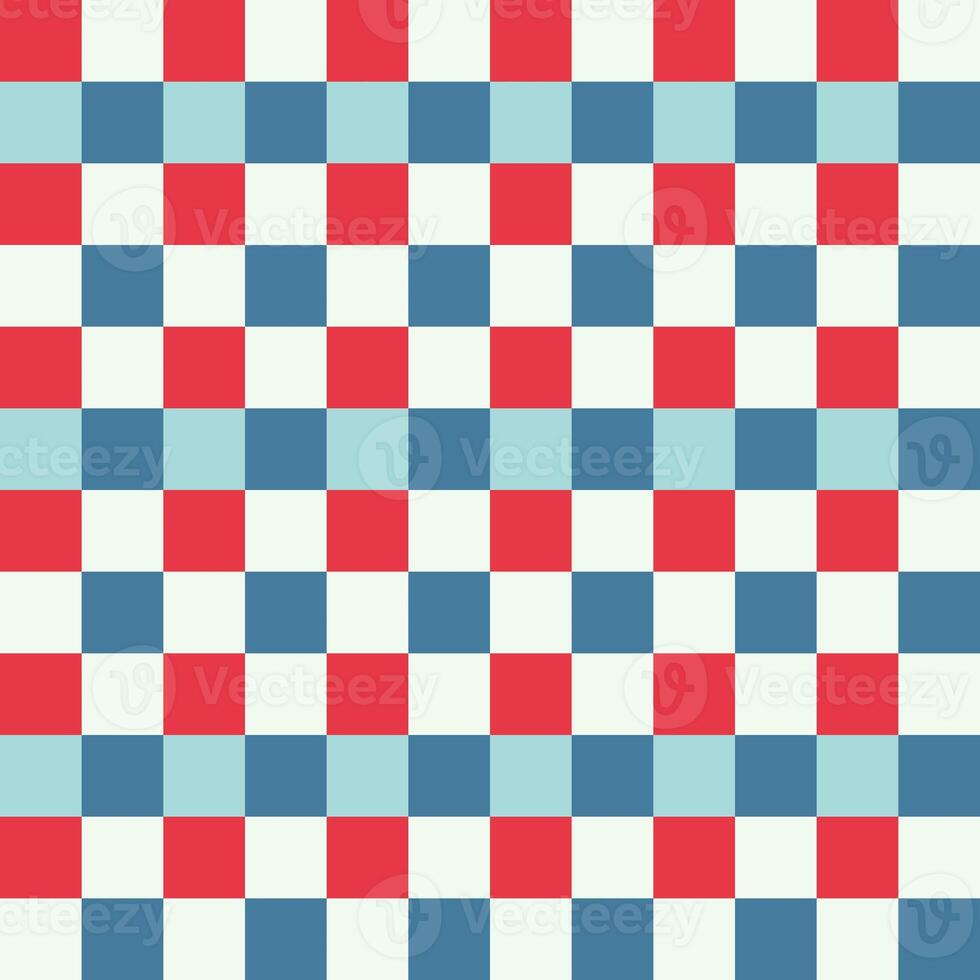 Red Blue White Seamless French Checkered Pattern. Colorful Fabric Check Pattern Background. Classic Checker Pattern Design Texture. photo