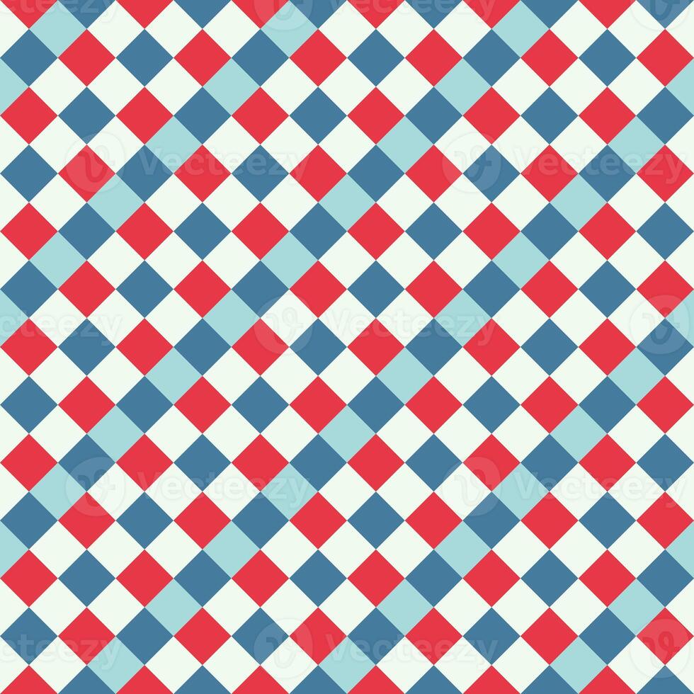 Red Blue White Seamless Diagonal French Checkered Pattern. Inclined Colorful Fabric Check Pattern Background. 45 degrees Classic Checker Pattern Design Texture. photo