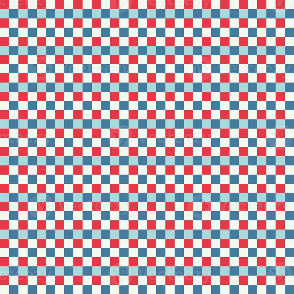 Red Blue White Seamless Small French Checkered Pattern. Little Colorful Fabric Check Pattern Background. Classic Checker Pattern Design Texture. photo